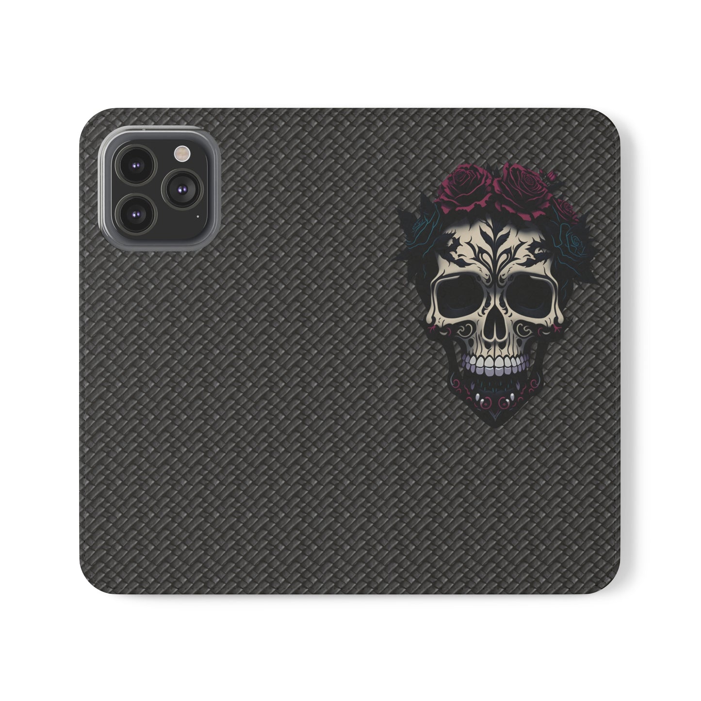 Sugar Skull Flip Case for iPhone and Samsung Galaxy Phones 11 12 13 mini pro max s22 s21 ultra plus made from vegan leather