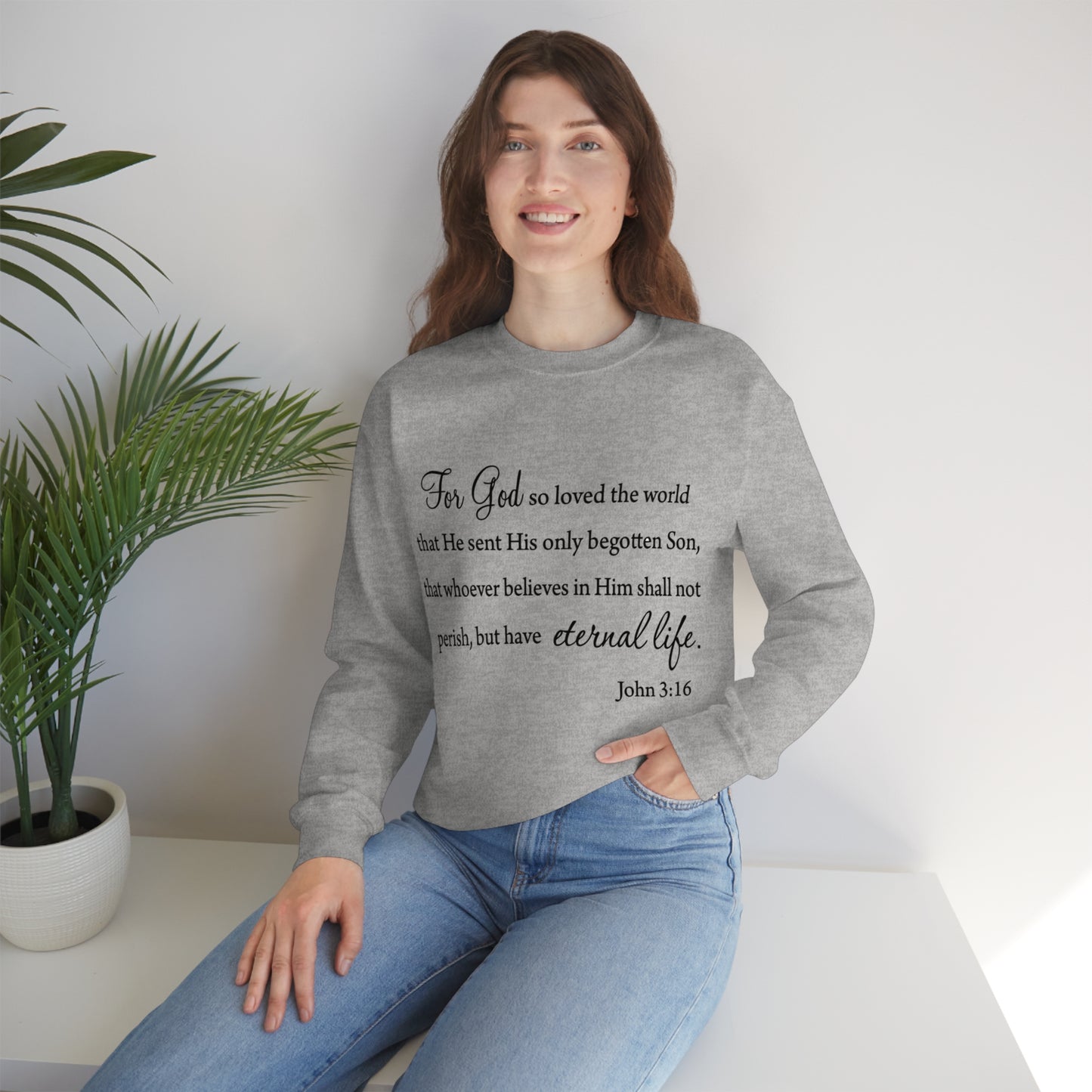 Bible Verse sweatshirt John 3:16 Unisex Heavy Blend Crewneck Sweatshirt minimalist style Plain white colored sweatshirt religous Christians.