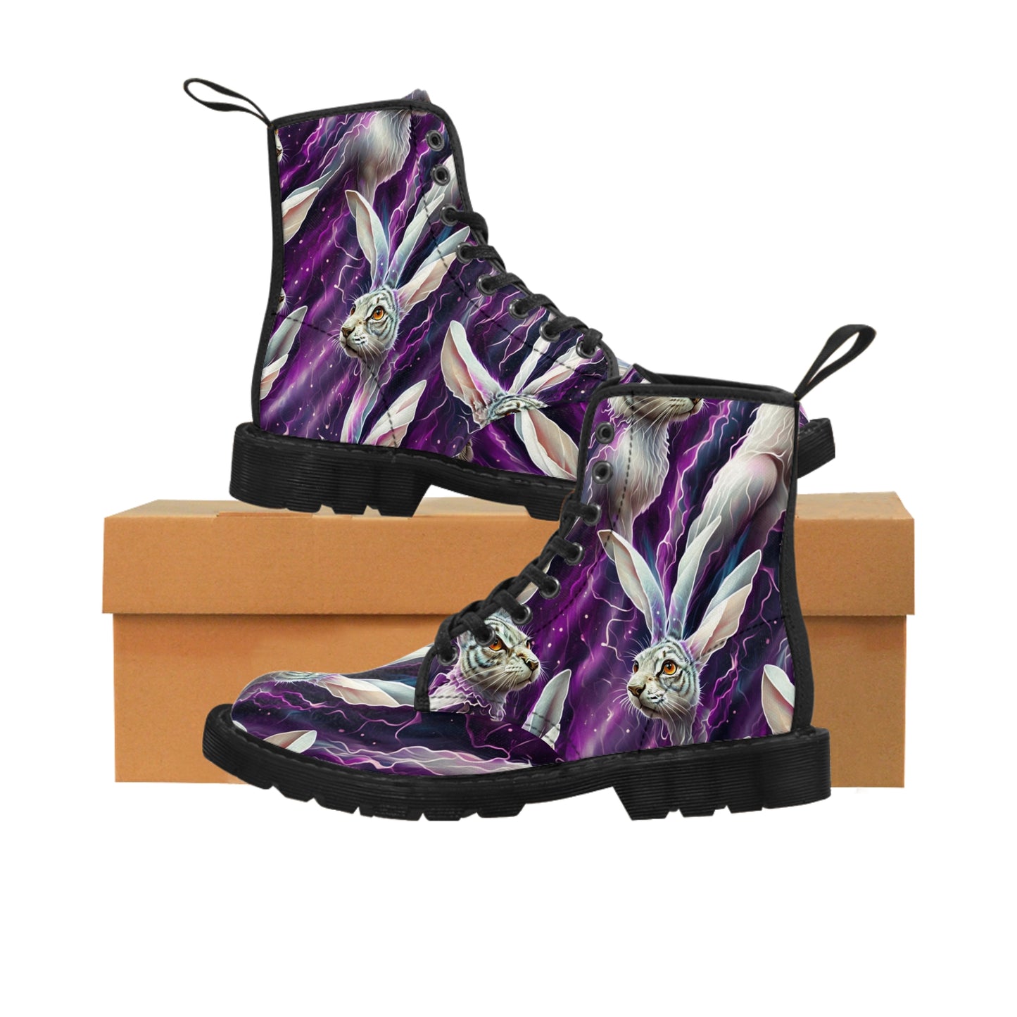 White hare boots with alice white hare on purple Women's Canvas Boots of combat style for those alice in wonderland fans that love fashion