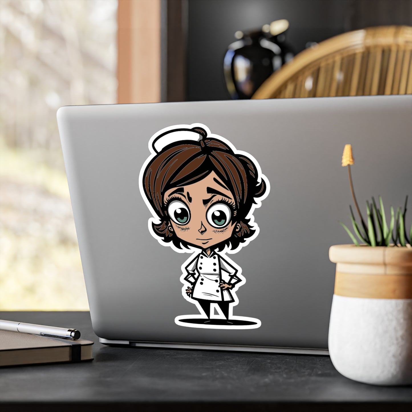 Female Chef Vinyl Decal to liven up the kitchen with a cartoon woman chef made of vinyl with a satin finish removable and restick decal