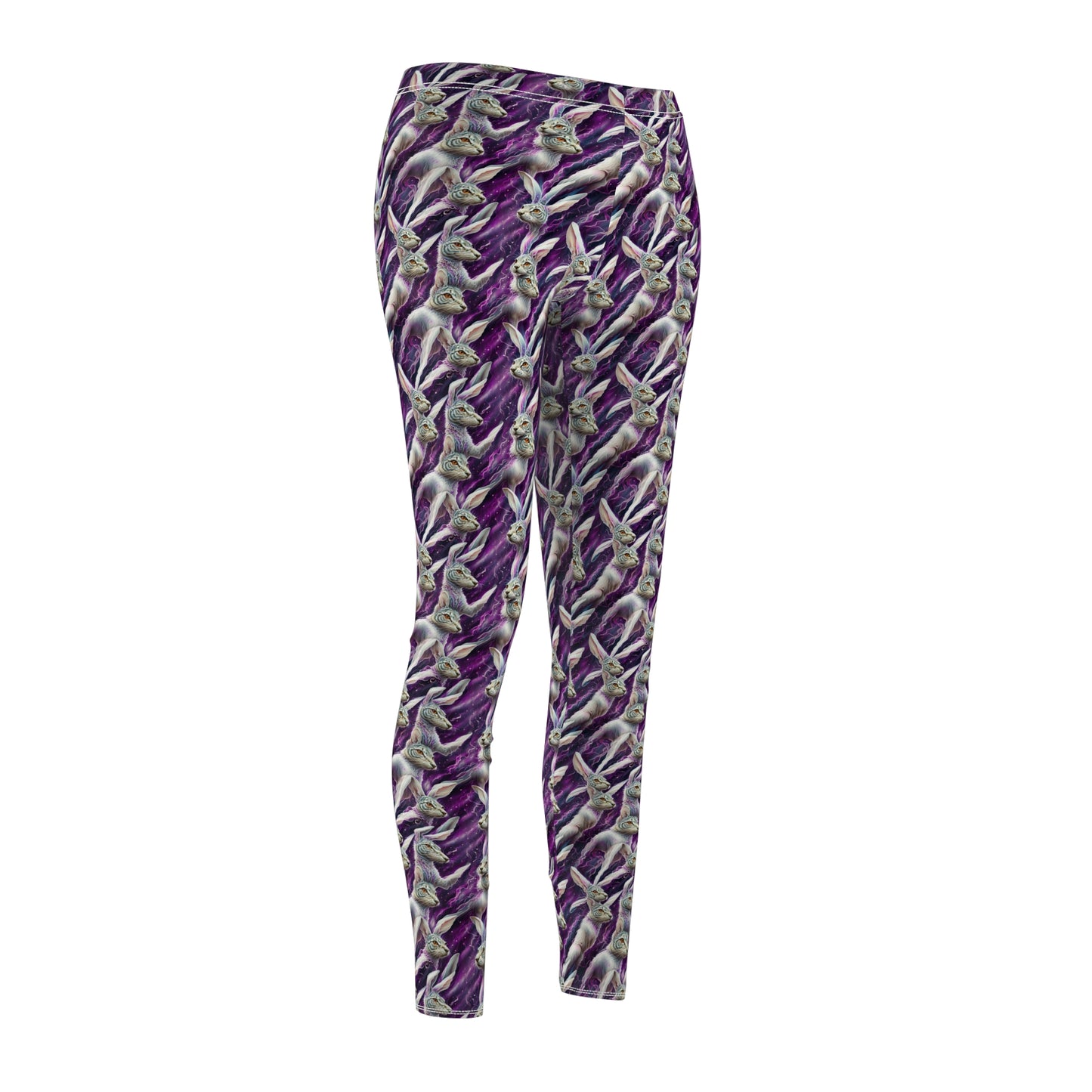 White hare Women's Casual Leggings in purple with white hare from alice in wonderland patter all over for those alice fans workout in style