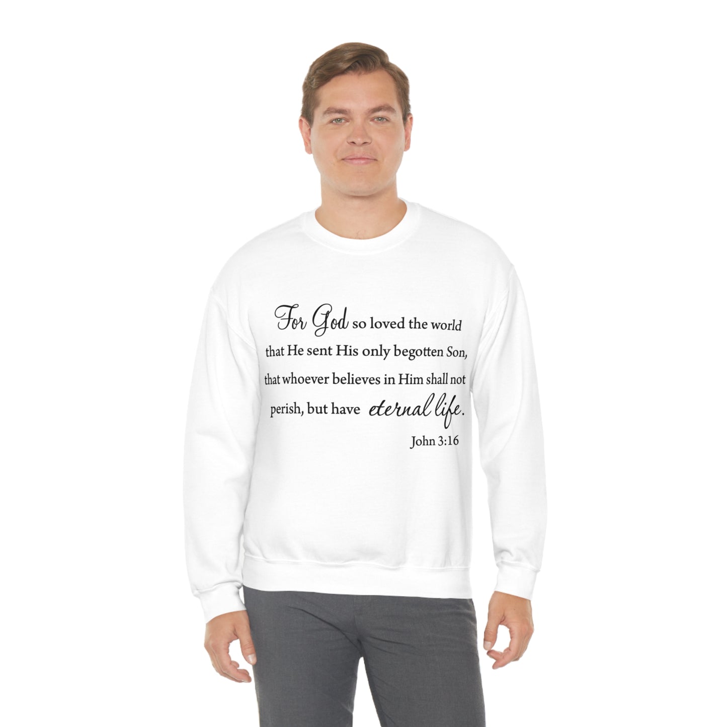 Bible Verse sweatshirt John 3:16 Unisex Heavy Blend Crewneck Sweatshirt minimalist style Plain white colored sweatshirt religous Christians.