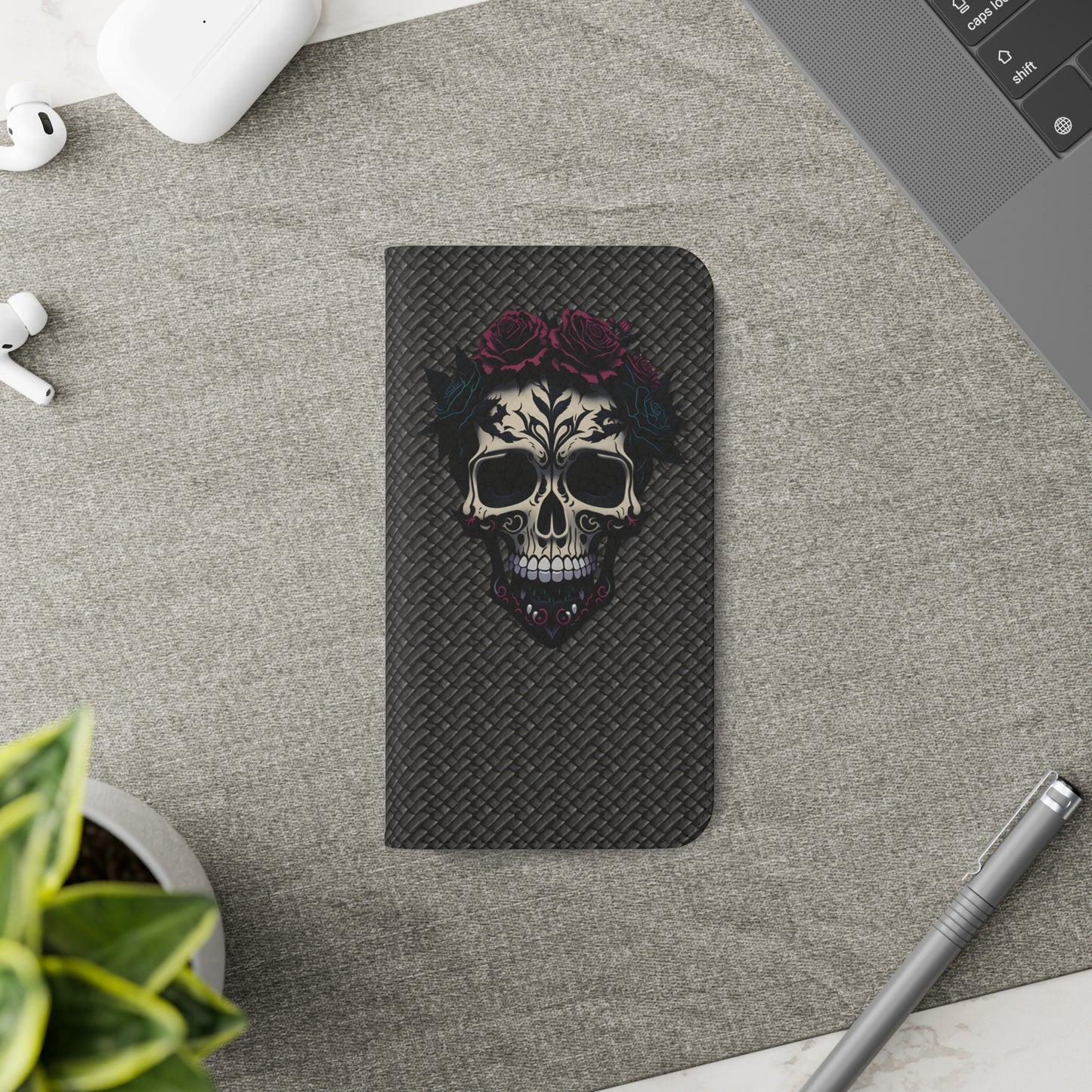 Sugar Skull Flip Case for iPhone and Samsung Galaxy Phones 11 12 13 mini pro max s22 s21 ultra plus made from vegan leather