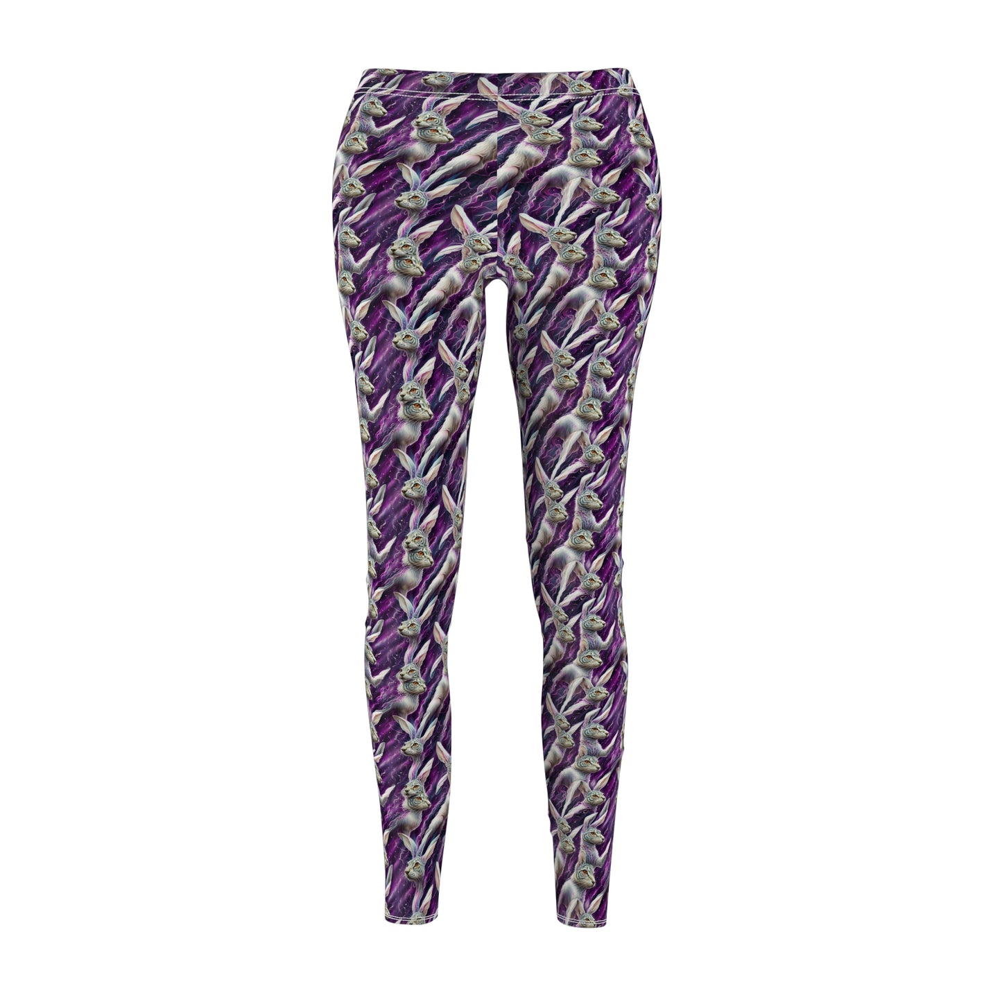 White hare Women's Casual Leggings in purple with white hare from alice in wonderland patter all over for those alice fans workout in style