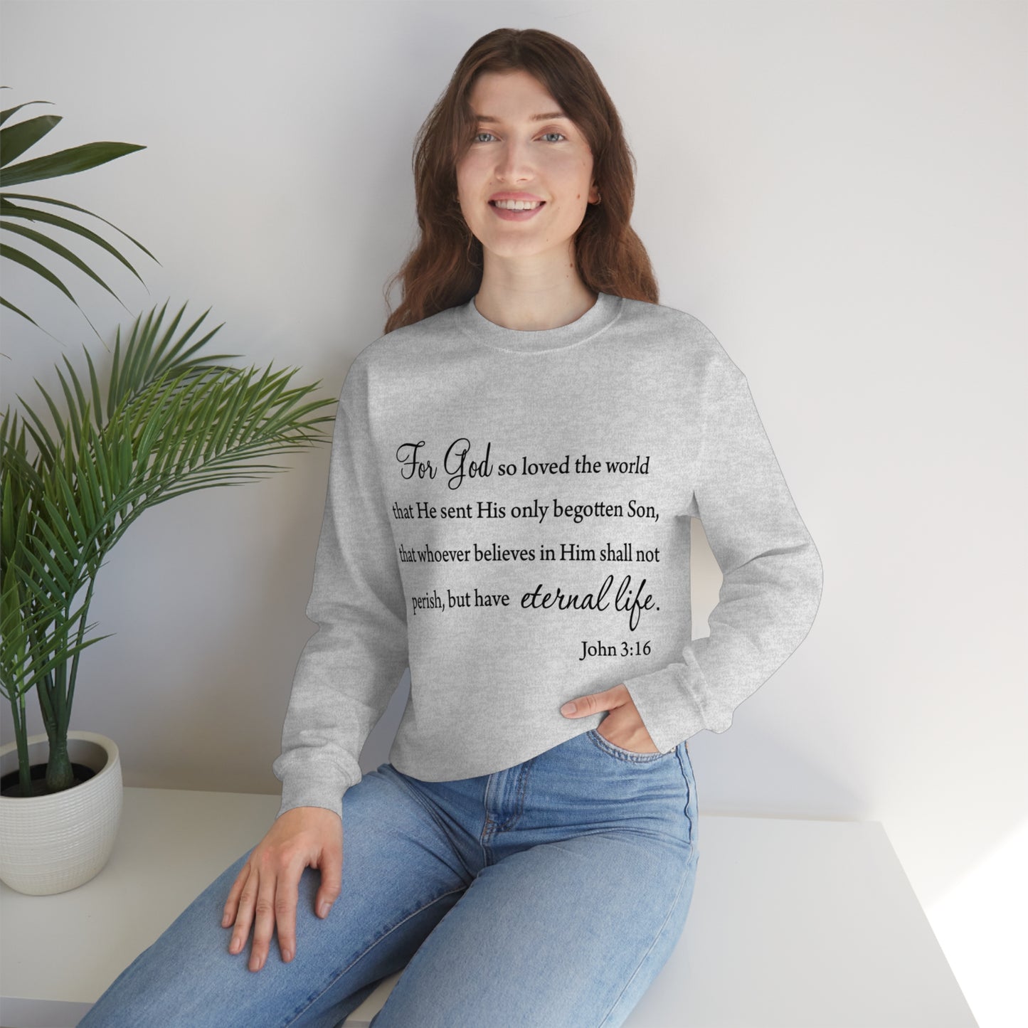 Bible Verse sweatshirt John 3:16 Unisex Heavy Blend Crewneck Sweatshirt minimalist style Plain white colored sweatshirt religous Christians.