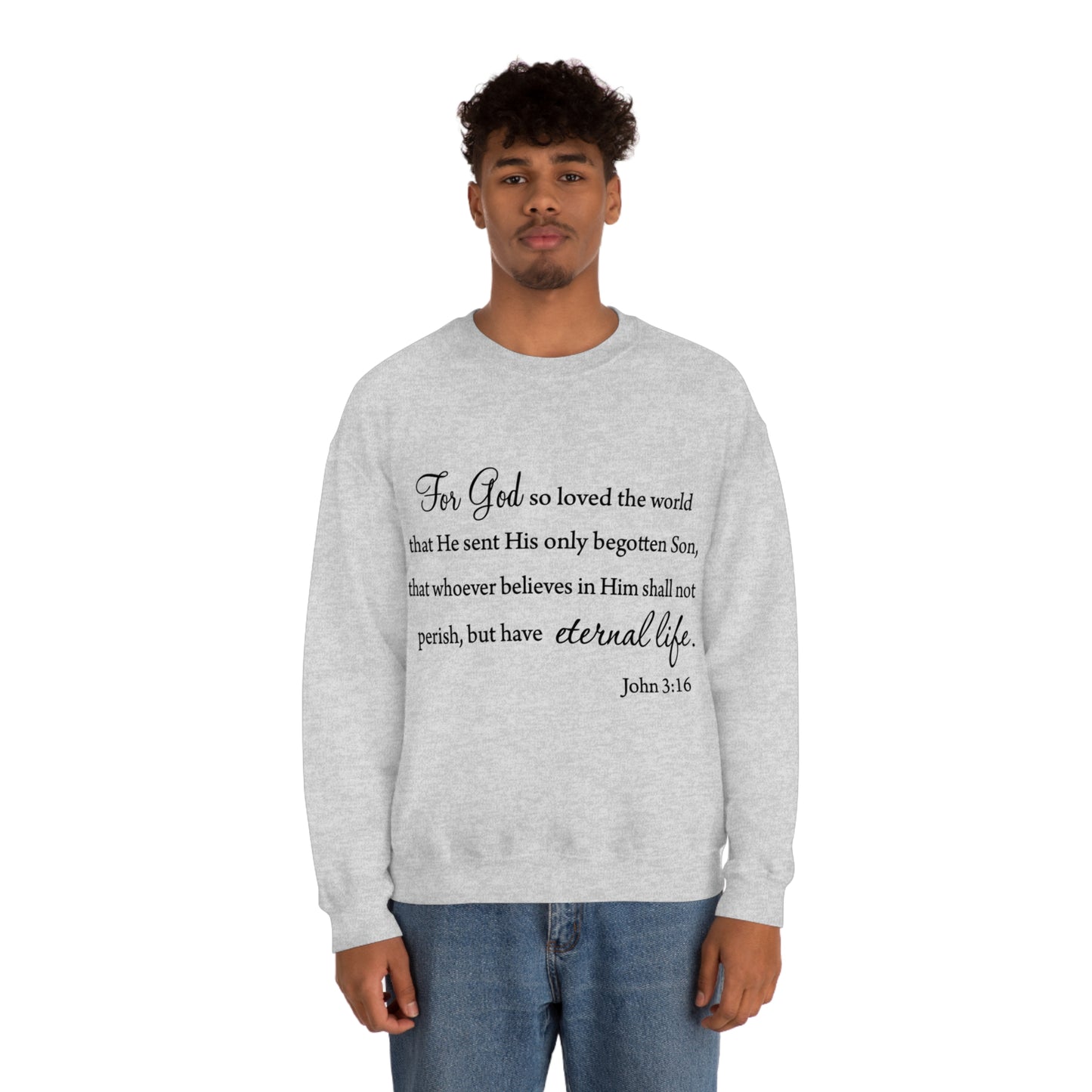 Bible Verse sweatshirt John 3:16 Unisex Heavy Blend Crewneck Sweatshirt minimalist style Plain white colored sweatshirt religous Christians.