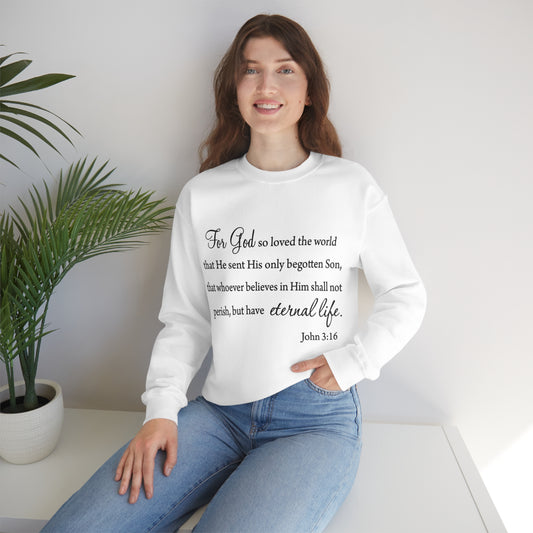 Bible Verse sweatshirt John 3:16 Unisex Heavy Blend Crewneck Sweatshirt minimalist style Plain white colored sweatshirt religous Christians.