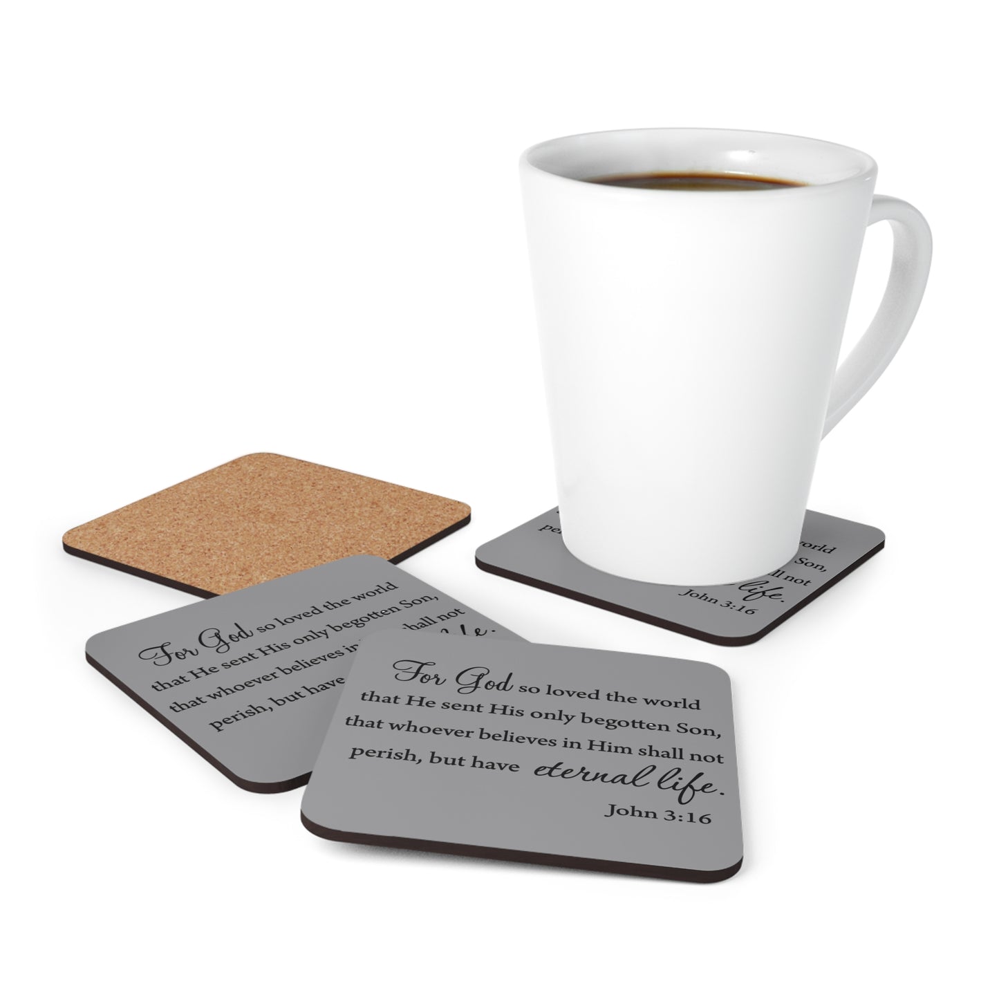 John 3:16 minimalist Coaster Set with 4 gray coasters that have a cork backing and the bible verse of John 13 16 for god so loved the world