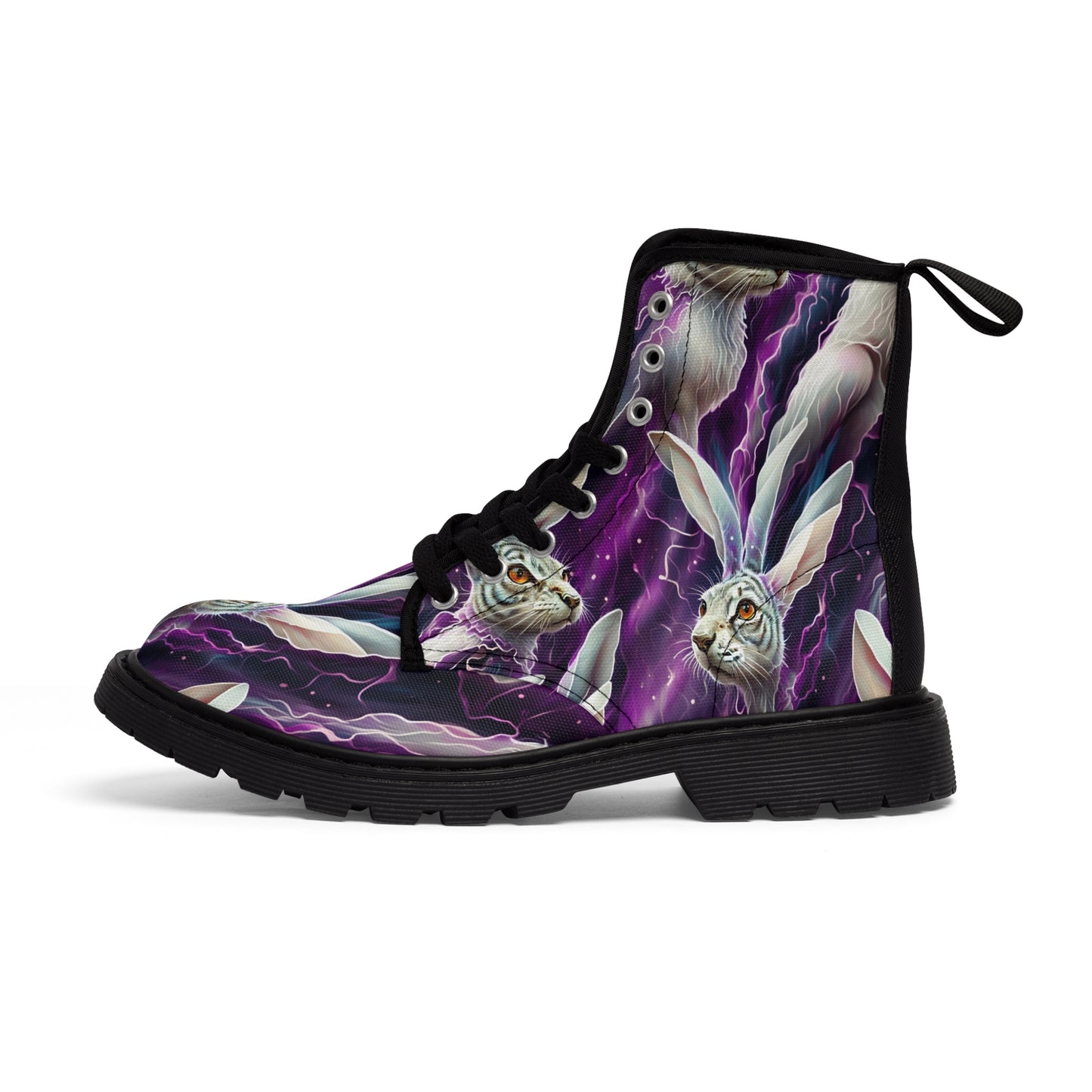 White hare boots with alice white hare on purple Women's Canvas Boots of combat style for those alice in wonderland fans that love fashion