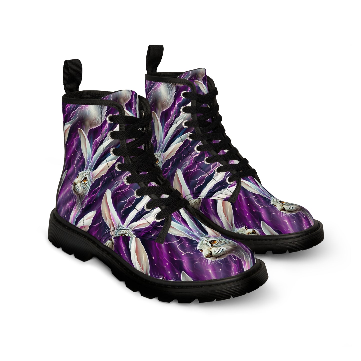 White hare boots with alice white hare on purple Women's Canvas Boots of combat style for those alice in wonderland fans that love fashion