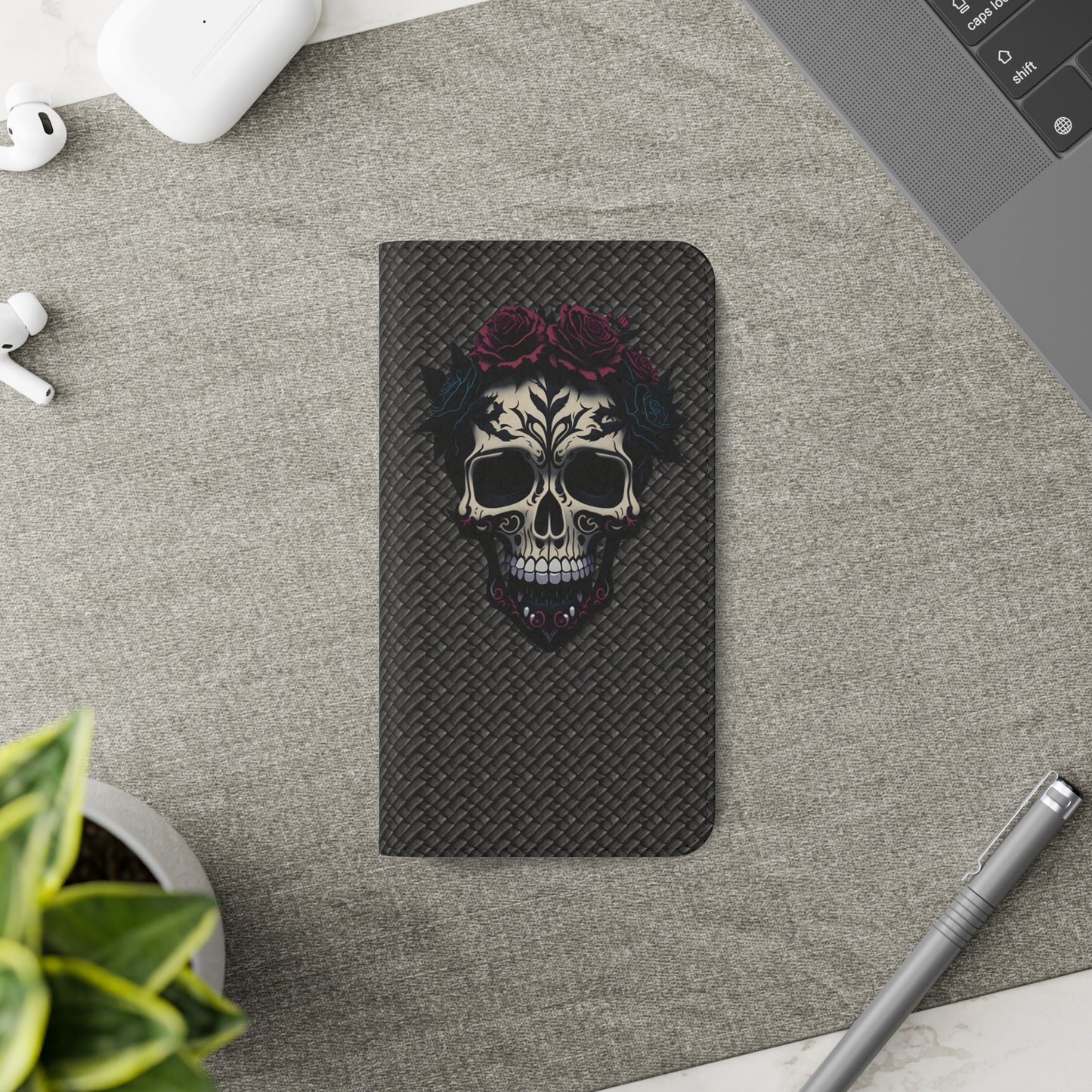 Sugar Skull Flip Case for iPhone and Samsung Galaxy Phones 11 12 13 mini pro max s22 s21 ultra plus made from vegan leather