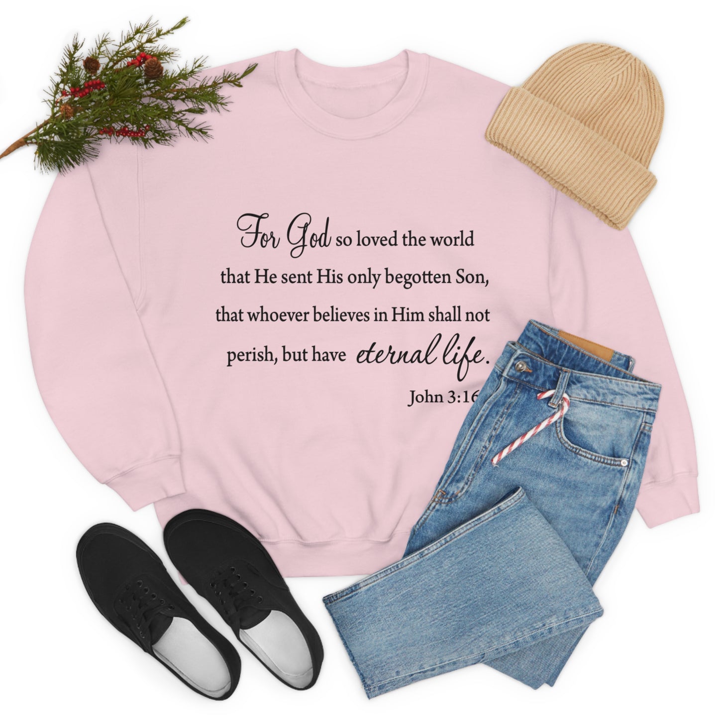 Bible Verse sweatshirt John 3:16 Unisex Heavy Blend Crewneck Sweatshirt minimalist style Plain white colored sweatshirt religous Christians.