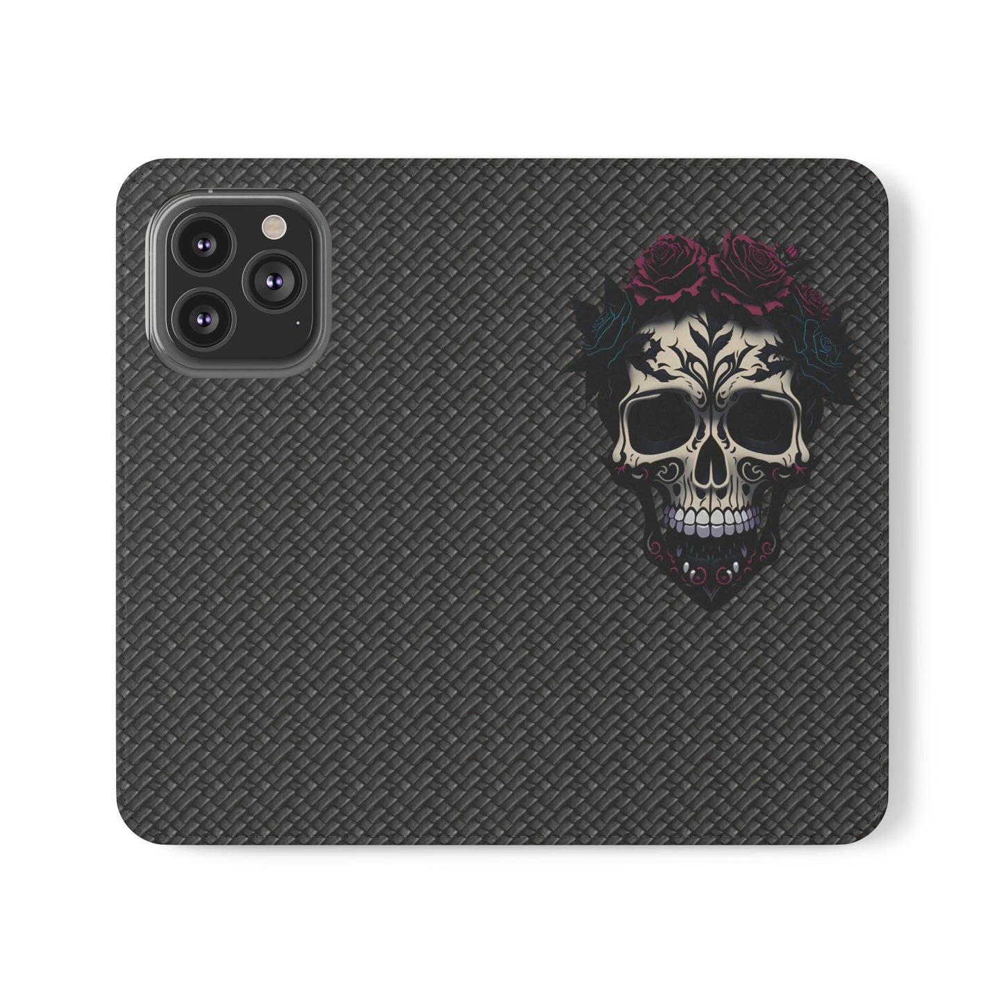 Sugar Skull Flip Case for iPhone and Samsung Galaxy Phones 11 12 13 mini pro max s22 s21 ultra plus made from vegan leather