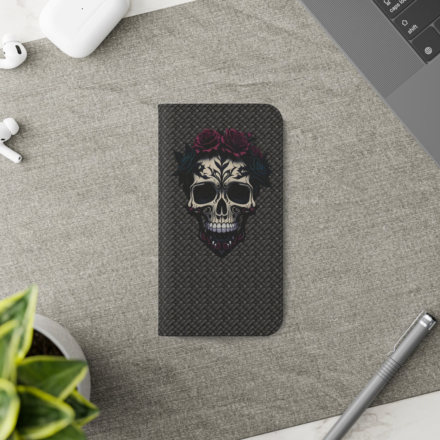 Sugar Skull Flip Case for iPhone and Samsung Galaxy Phones 11 12 13 mini pro max s22 s21 ultra plus made from vegan leather