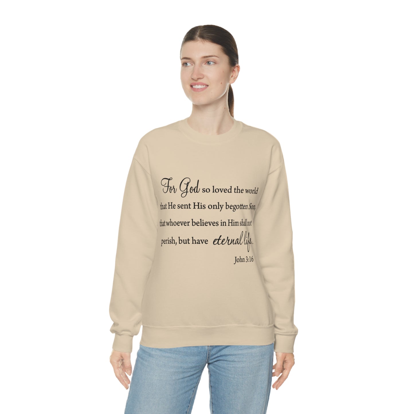 Bible Verse sweatshirt John 3:16 Unisex Heavy Blend Crewneck Sweatshirt minimalist style Plain white colored sweatshirt religous Christians.