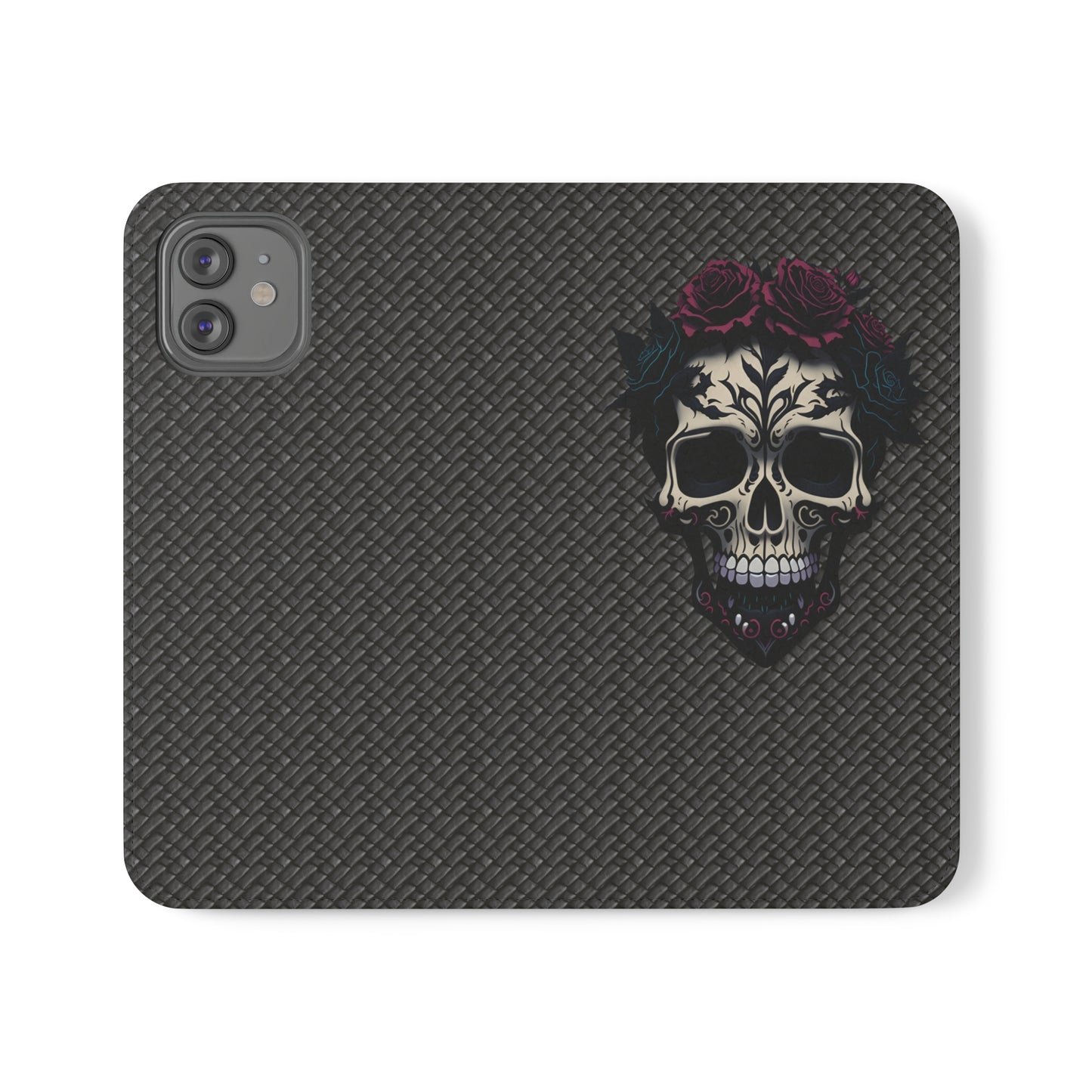 Sugar Skull Flip Case for iPhone and Samsung Galaxy Phones 11 12 13 mini pro max s22 s21 ultra plus made from vegan leather