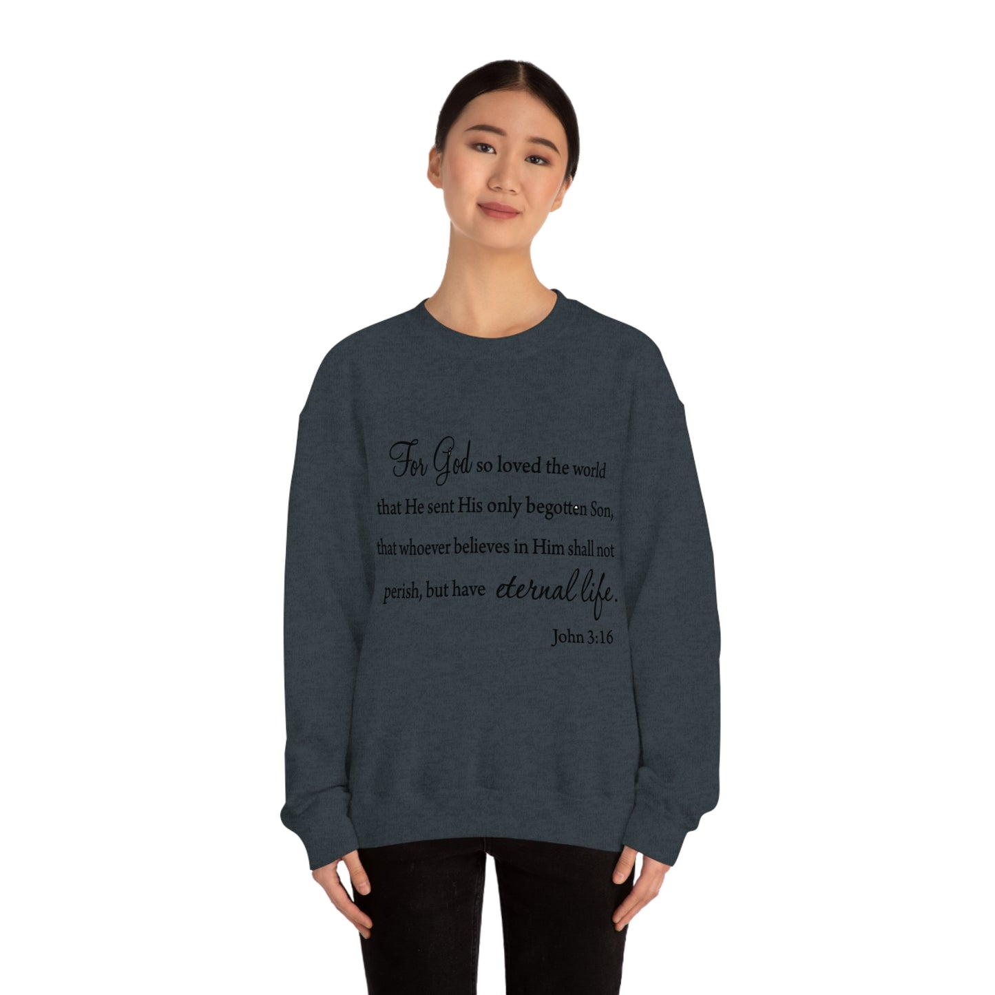 Bible Verse sweatshirt John 3:16 Unisex Heavy Blend Crewneck Sweatshirt minimalist style Plain white colored sweatshirt religous Christians.