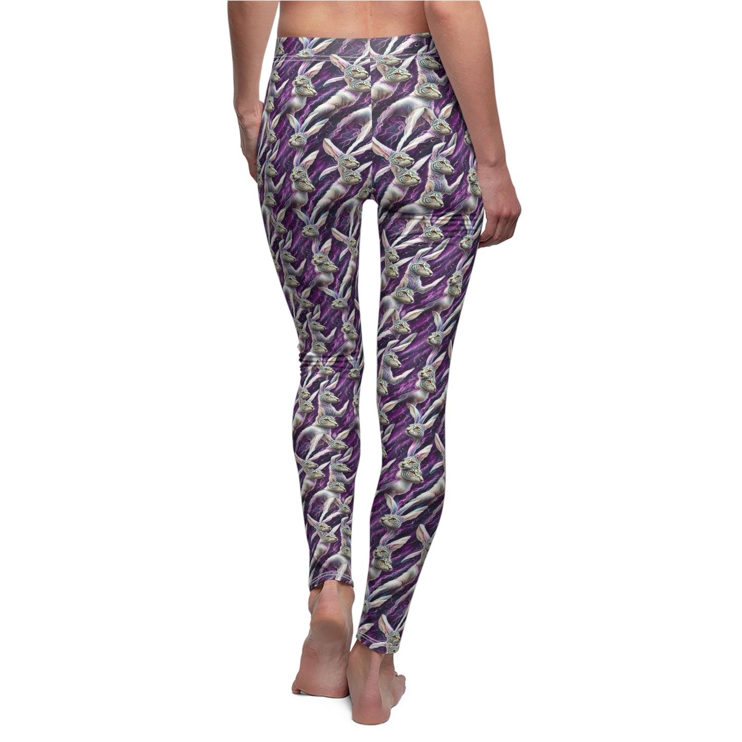 White hare Women's Casual Leggings in purple with white hare from alice in wonderland patter all over for those alice fans workout in style