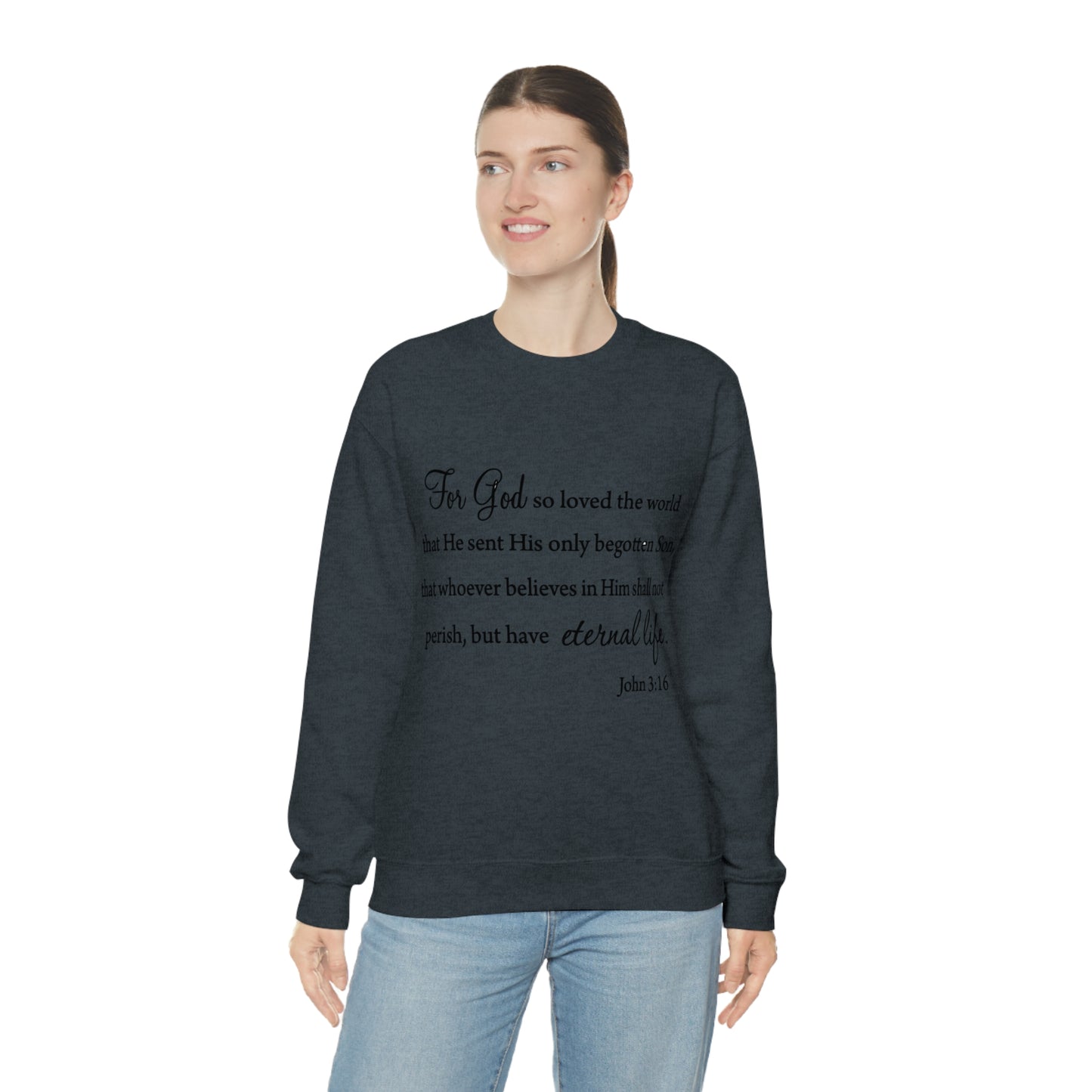 Bible Verse sweatshirt John 3:16 Unisex Heavy Blend Crewneck Sweatshirt minimalist style Plain white colored sweatshirt religous Christians.