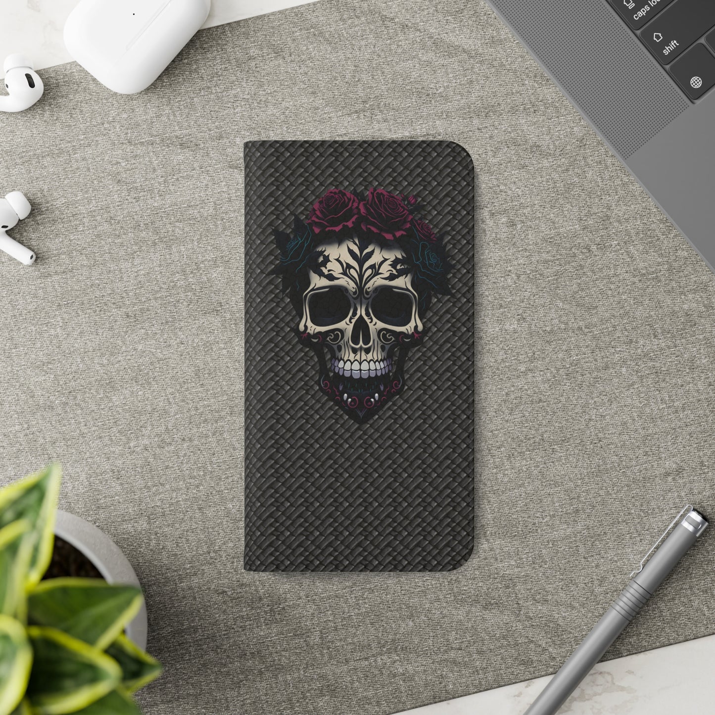 Sugar Skull Flip Case for iPhone and Samsung Galaxy Phones 11 12 13 mini pro max s22 s21 ultra plus made from vegan leather