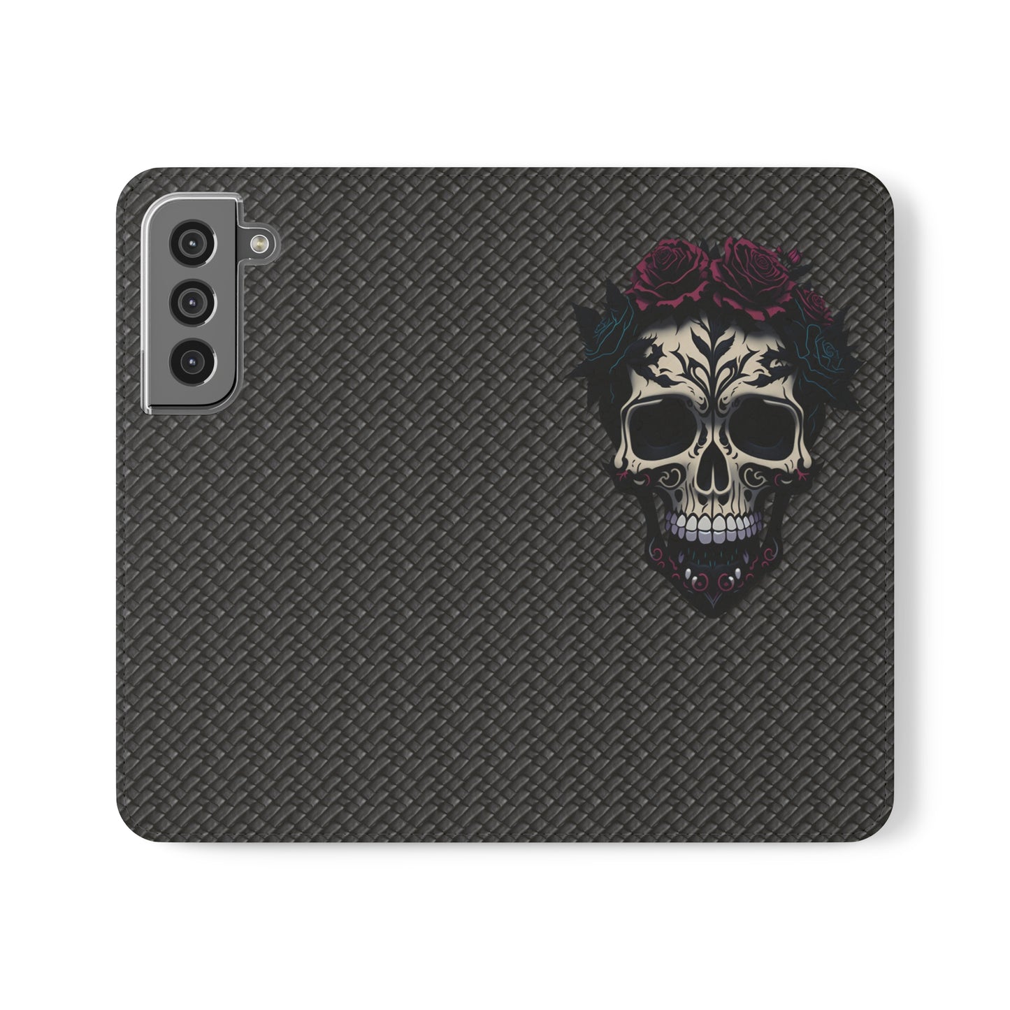 Sugar Skull Flip Case for iPhone and Samsung Galaxy Phones 11 12 13 mini pro max s22 s21 ultra plus made from vegan leather