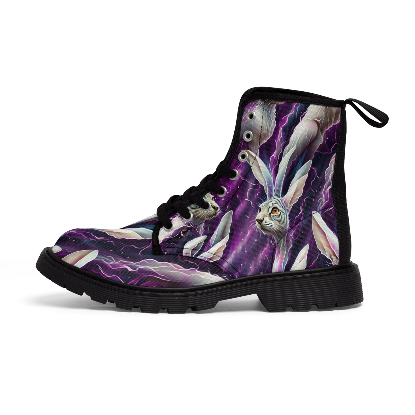 White hare boots with alice white hare on purple Women's Canvas Boots of combat style for those alice in wonderland fans that love fashion