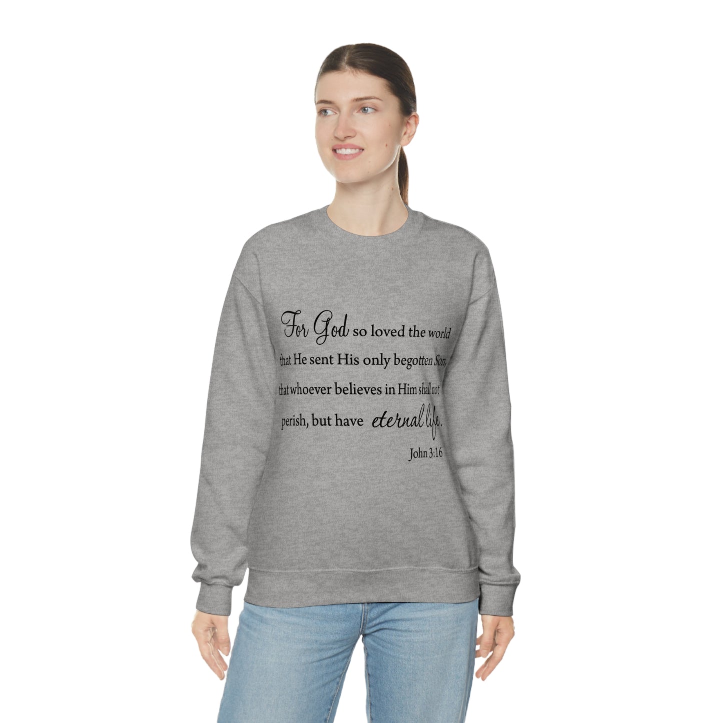 Bible Verse sweatshirt John 3:16 Unisex Heavy Blend Crewneck Sweatshirt minimalist style Plain white colored sweatshirt religous Christians.