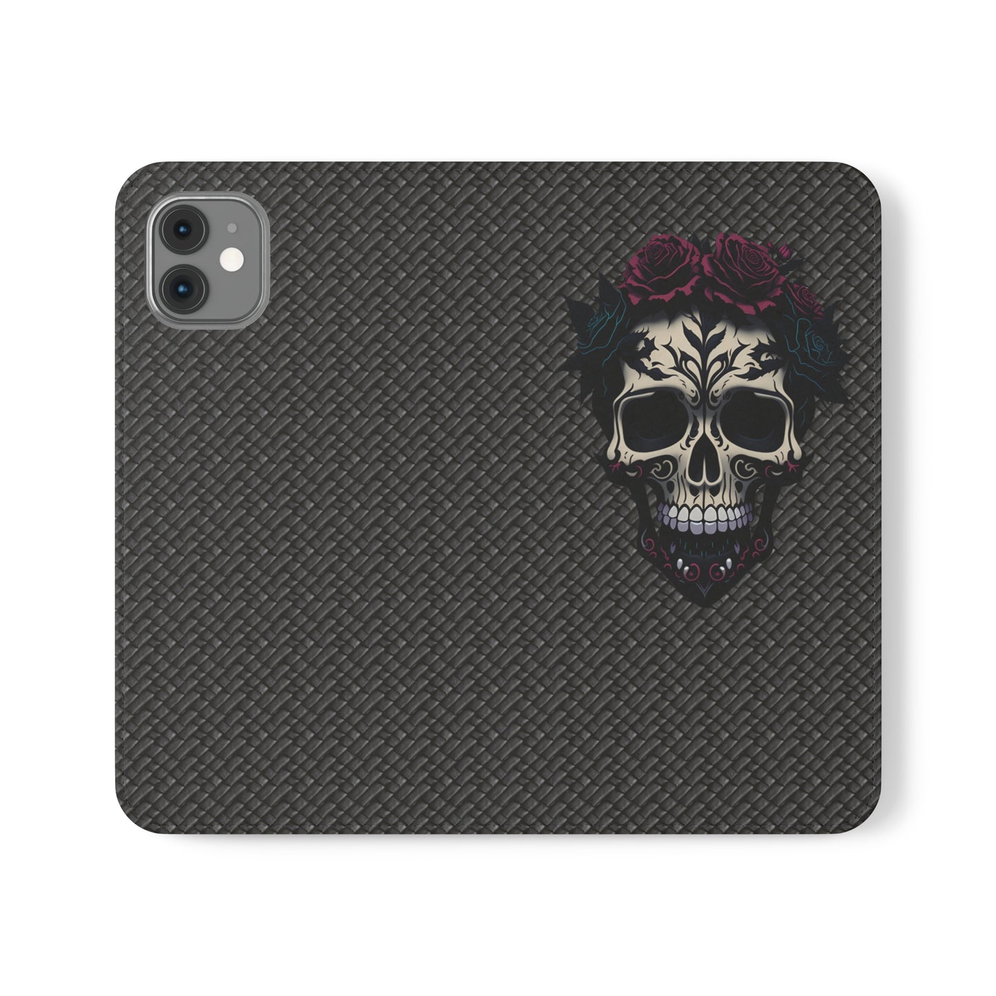 Sugar Skull Flip Case for iPhone and Samsung Galaxy Phones 11 12 13 mini pro max s22 s21 ultra plus made from vegan leather