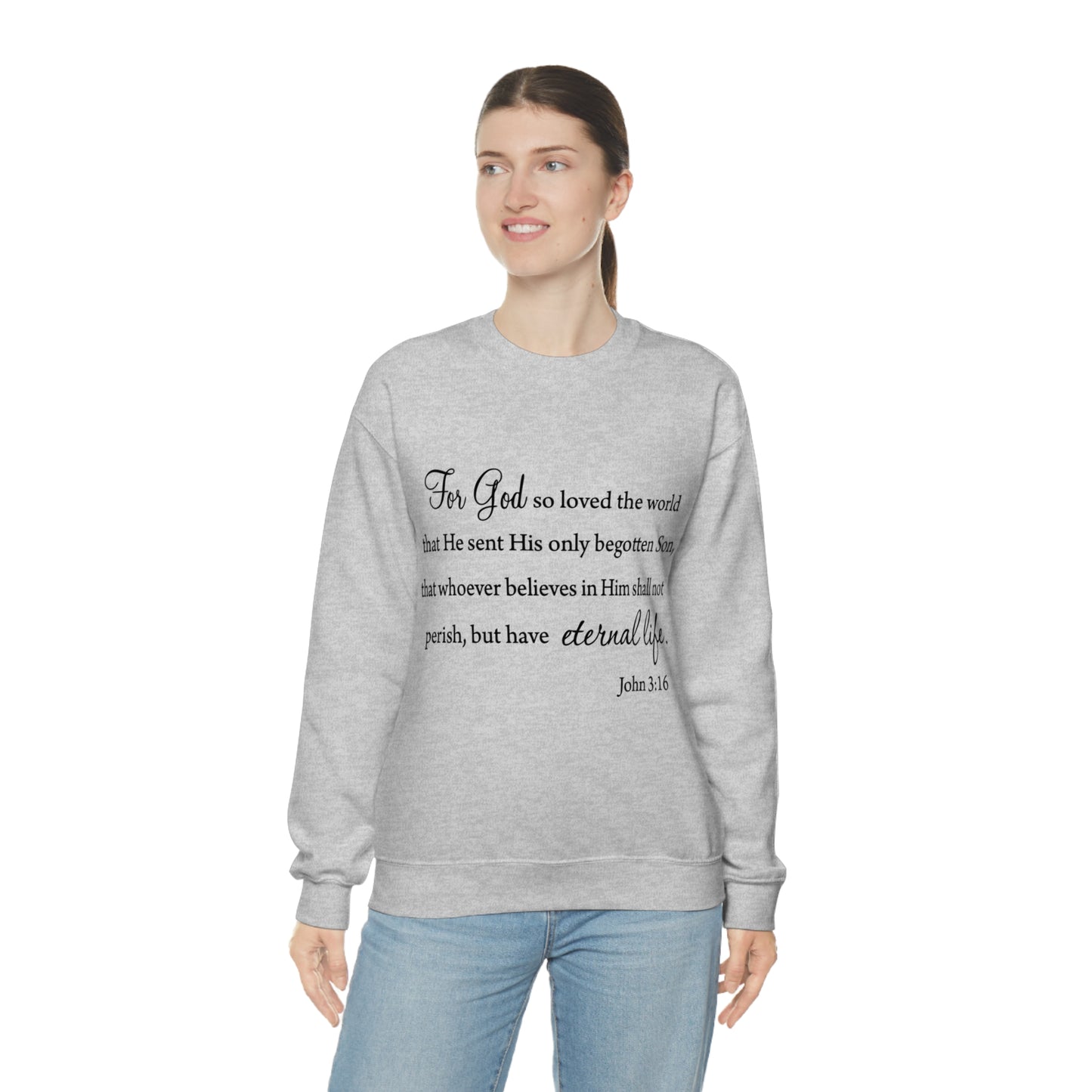 Bible Verse sweatshirt John 3:16 Unisex Heavy Blend Crewneck Sweatshirt minimalist style Plain white colored sweatshirt religous Christians.