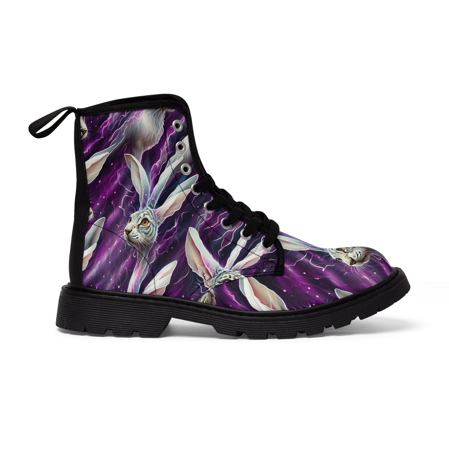 White hare boots with alice white hare on purple Women's Canvas Boots of combat style for those alice in wonderland fans that love fashion