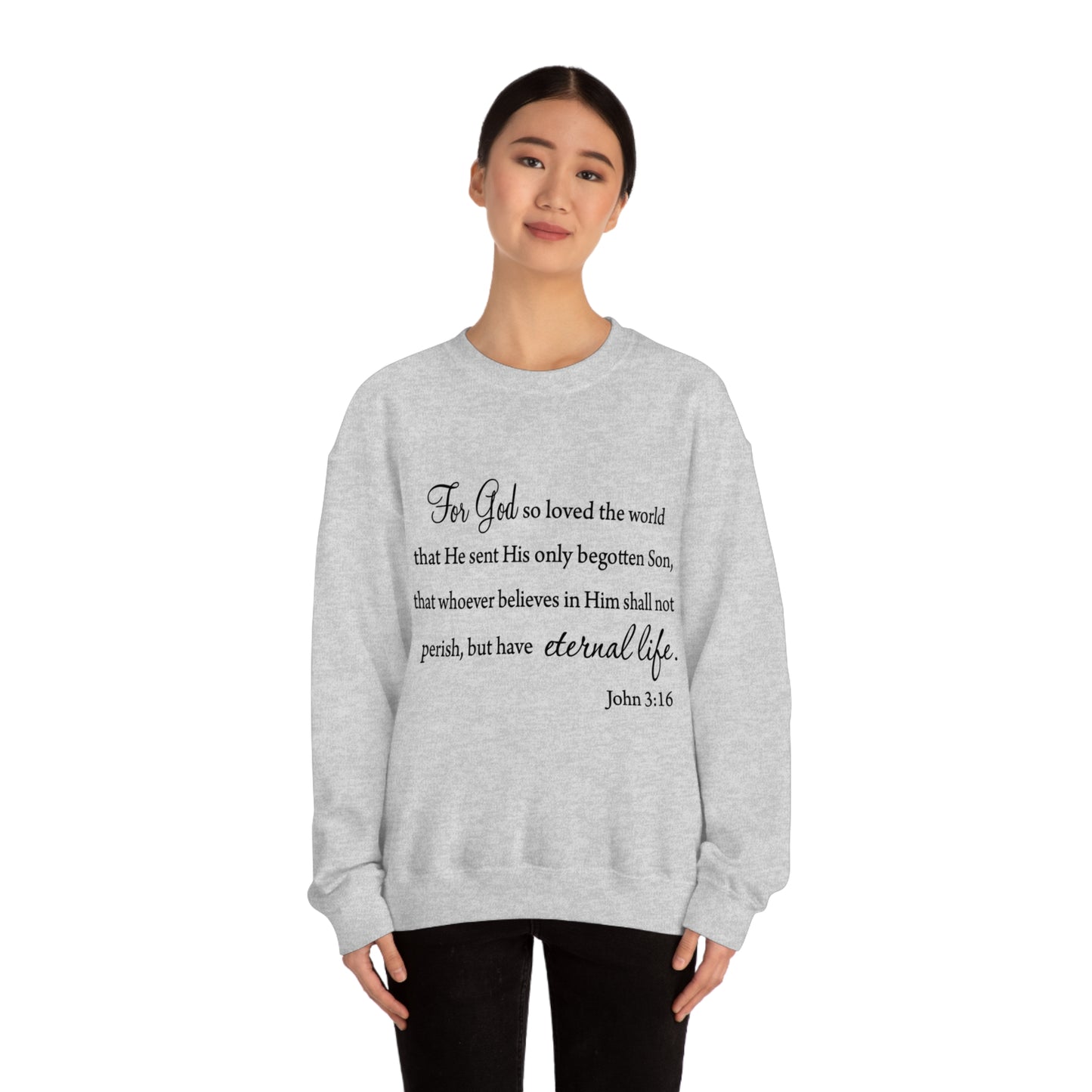 Bible Verse sweatshirt John 3:16 Unisex Heavy Blend Crewneck Sweatshirt minimalist style Plain white colored sweatshirt religous Christians.