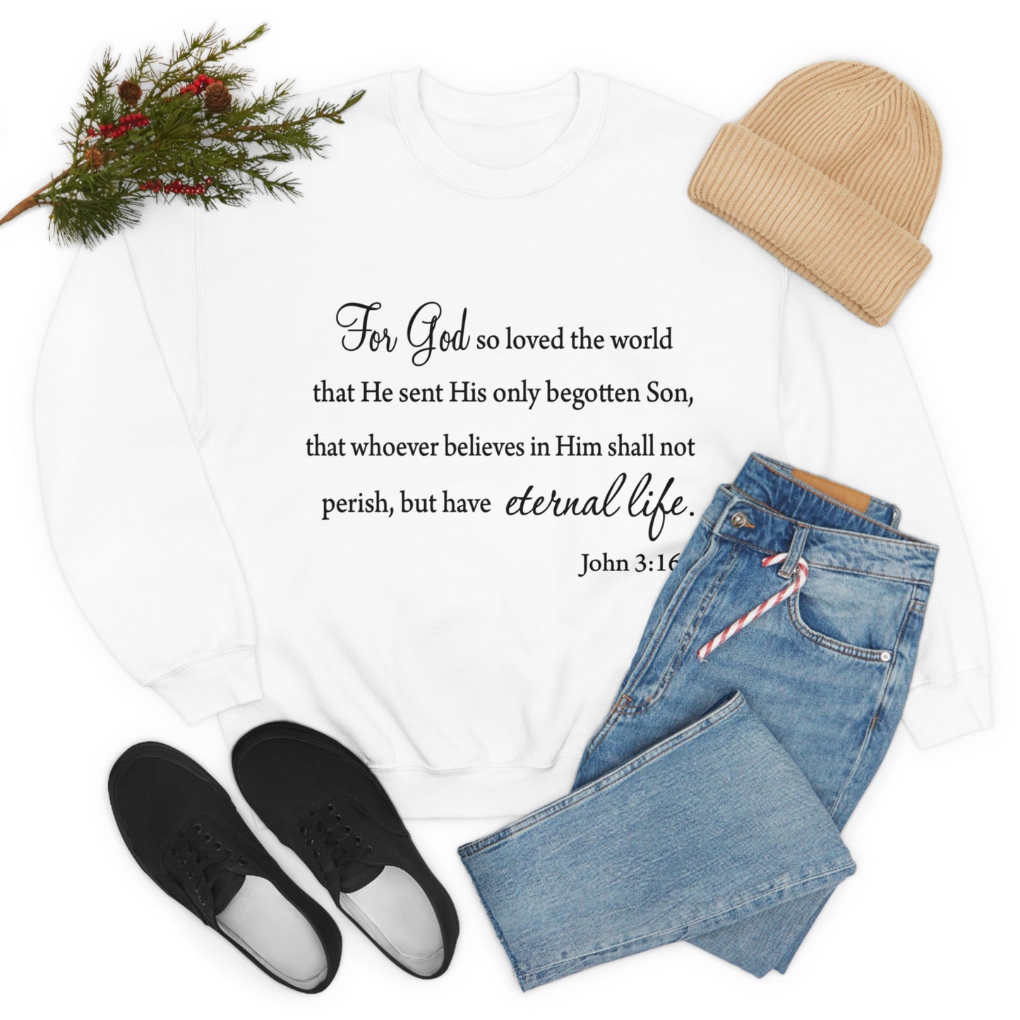 Bible Verse sweatshirt John 3:16 Unisex Heavy Blend Crewneck Sweatshirt minimalist style Plain white colored sweatshirt religous Christians.