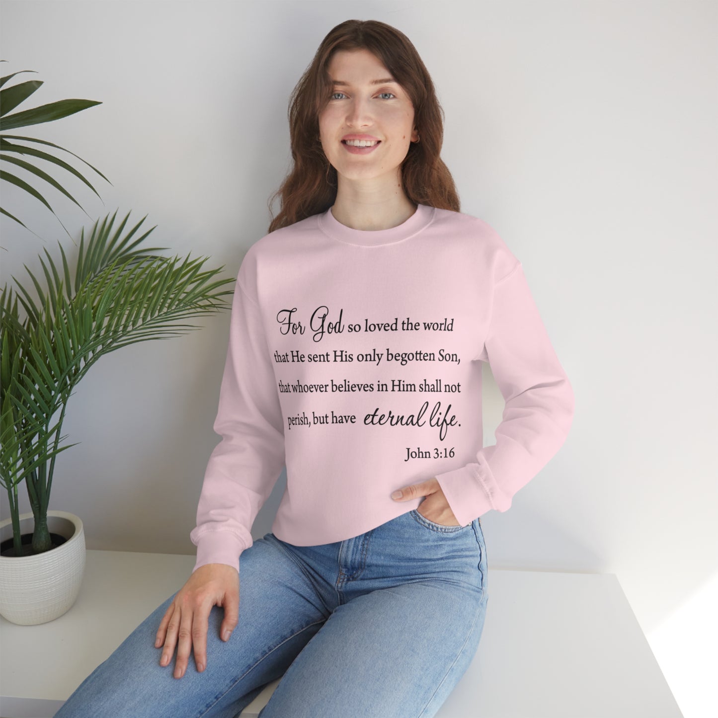 Bible Verse sweatshirt John 3:16 Unisex Heavy Blend Crewneck Sweatshirt minimalist style Plain white colored sweatshirt religous Christians.