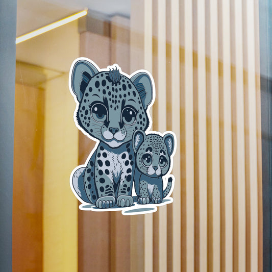 Mother and baby Snow Leopard Vinyl Decal to liven up the playroom with vinyl cartoon animals with satin finish removable and restick decal