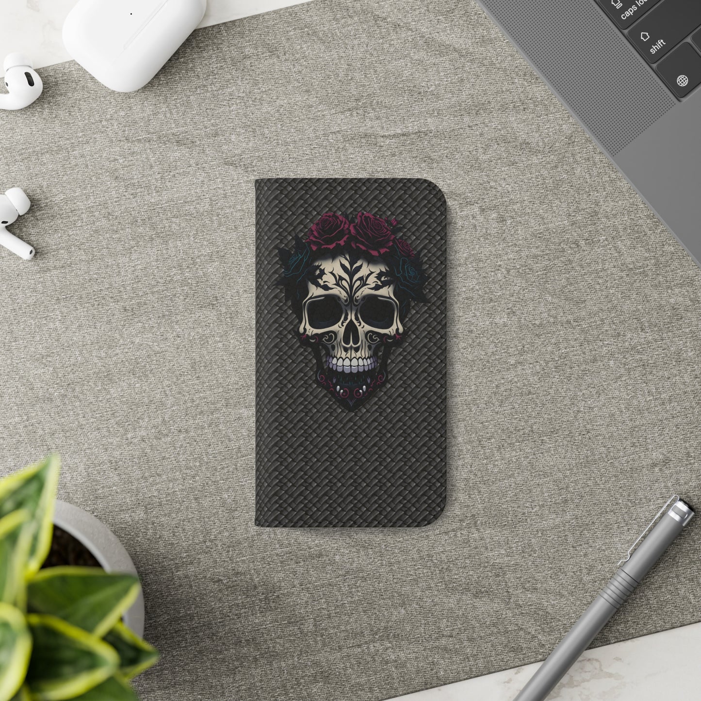 Sugar Skull Flip Case for iPhone and Samsung Galaxy Phones 11 12 13 mini pro max s22 s21 ultra plus made from vegan leather