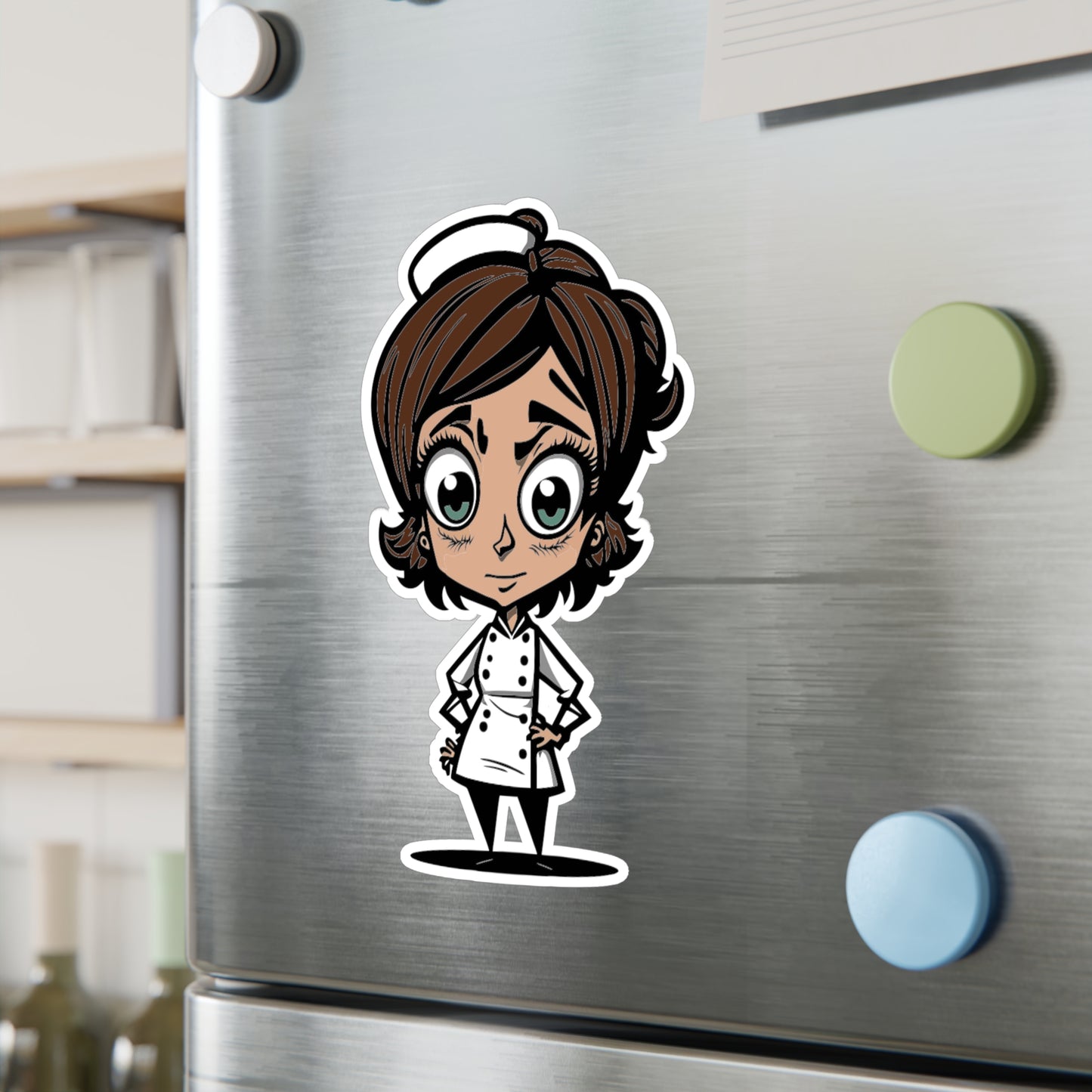 Female Chef Vinyl Decal to liven up the kitchen with a cartoon woman chef made of vinyl with a satin finish removable and restick decal