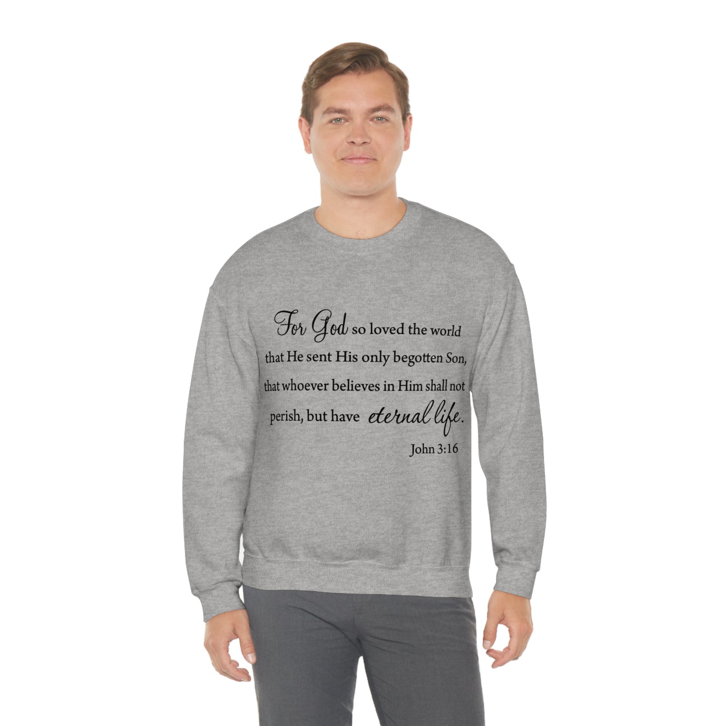 Bible Verse sweatshirt John 3:16 Unisex Heavy Blend Crewneck Sweatshirt minimalist style Plain white colored sweatshirt religous Christians.