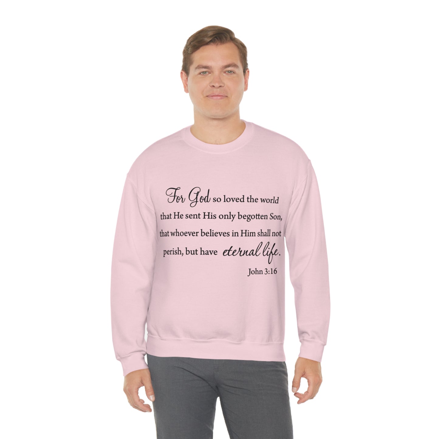 Bible Verse sweatshirt John 3:16 Unisex Heavy Blend Crewneck Sweatshirt minimalist style Plain white colored sweatshirt religous Christians.