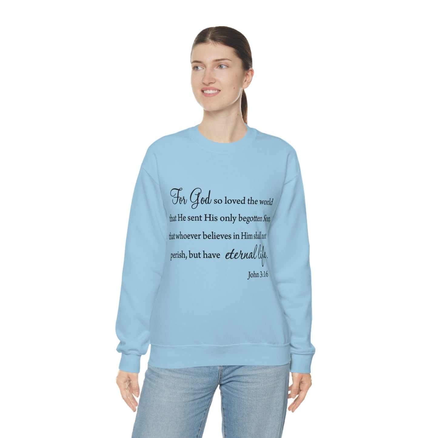 Bible Verse sweatshirt John 3:16 Unisex Heavy Blend Crewneck Sweatshirt minimalist style Plain white colored sweatshirt religous Christians.