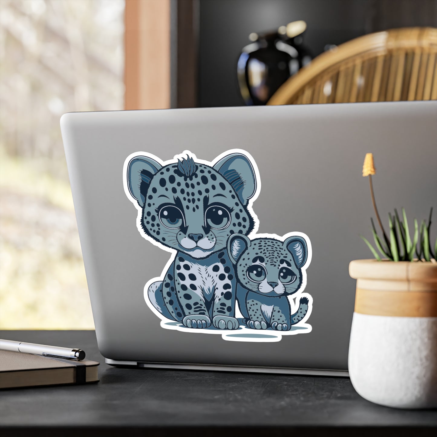 Mother and baby Snow Leopard Vinyl Decal to liven up the playroom with vinyl cartoon animals with satin finish removable and restick decal