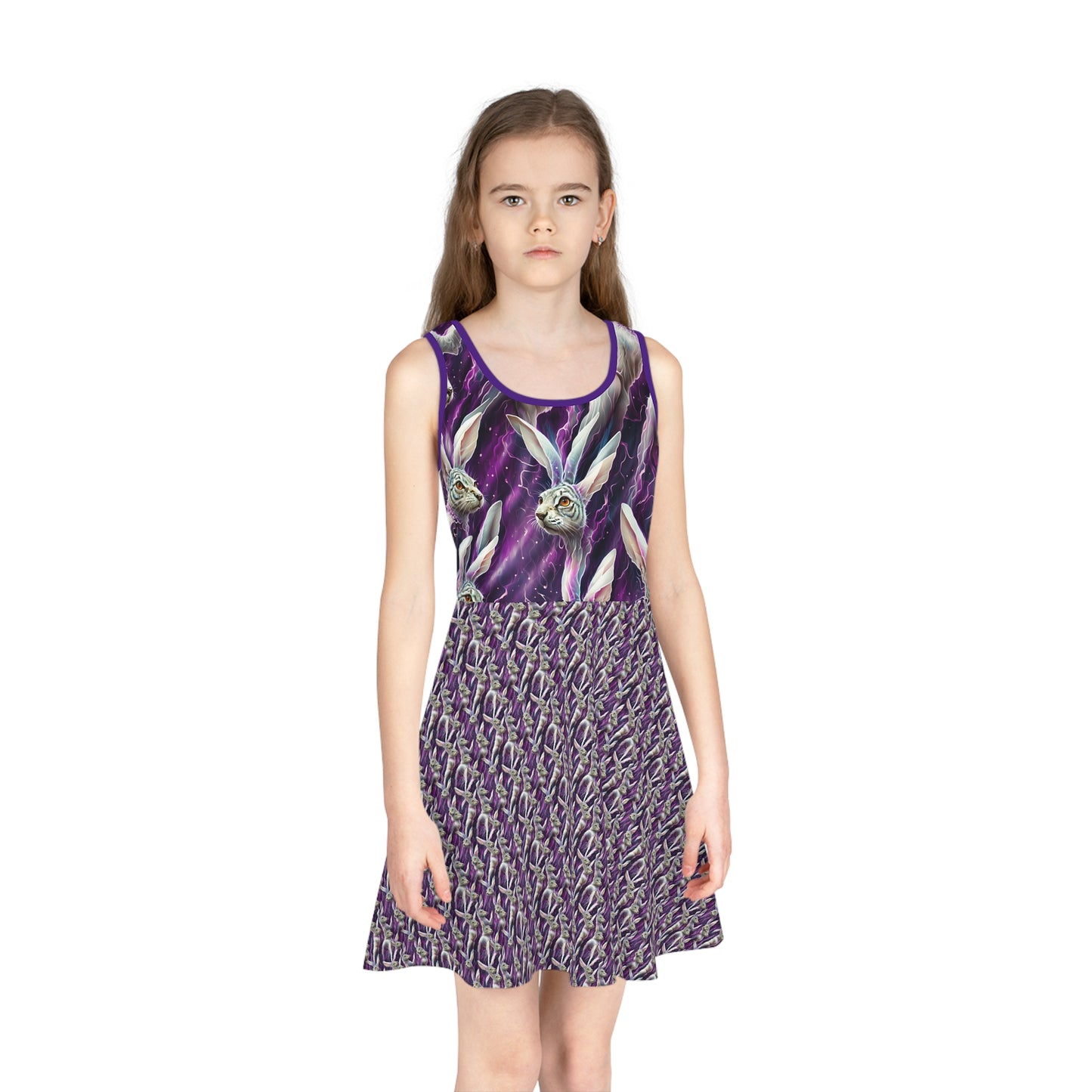 White Rabbit purple Girls' Sleeveless Sundress With the hare from alice in wonderland in a all over repeating print very unique