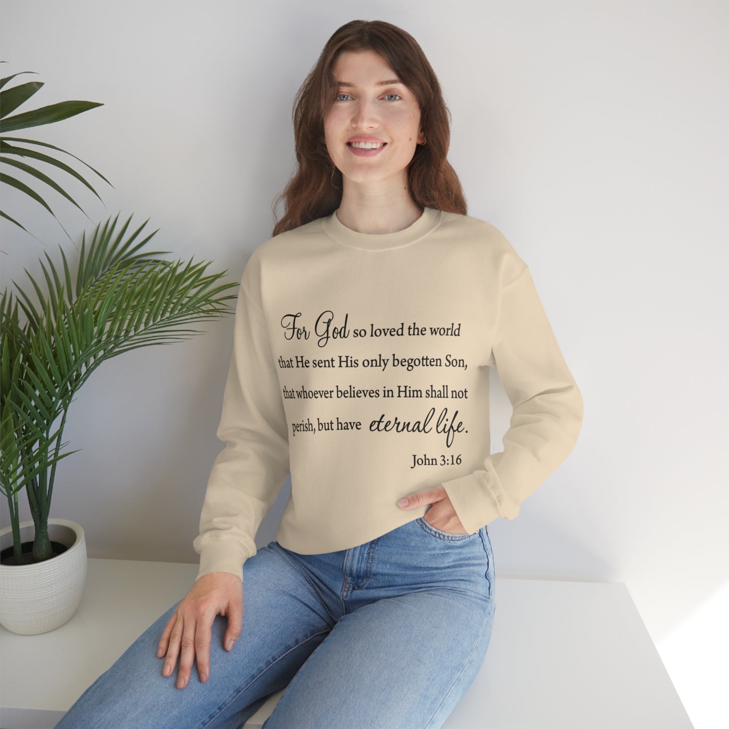 Bible Verse sweatshirt John 3:16 Unisex Heavy Blend Crewneck Sweatshirt minimalist style Plain white colored sweatshirt religous Christians.