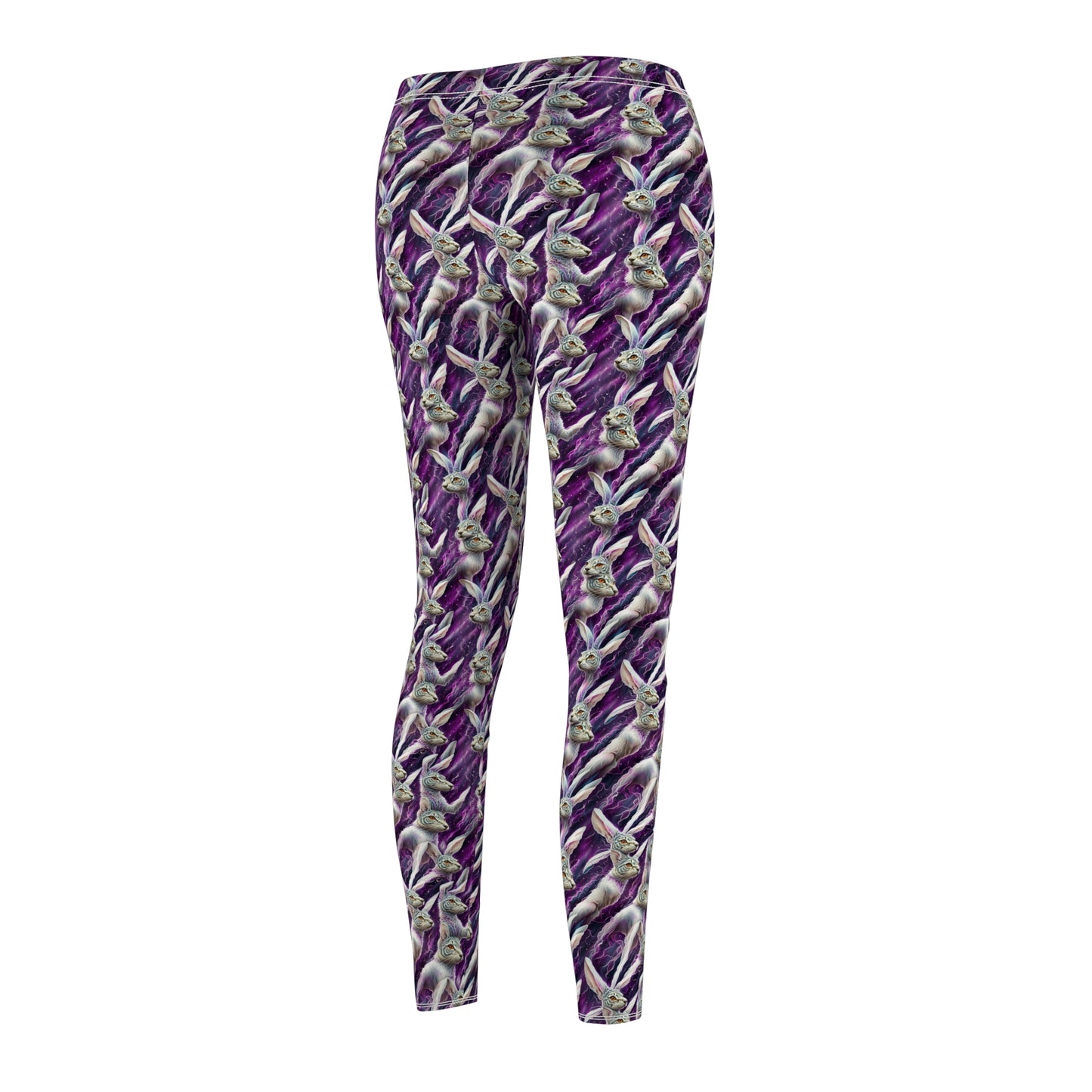 White hare Women's Casual Leggings in purple with white hare from alice in wonderland patter all over for those alice fans workout in style