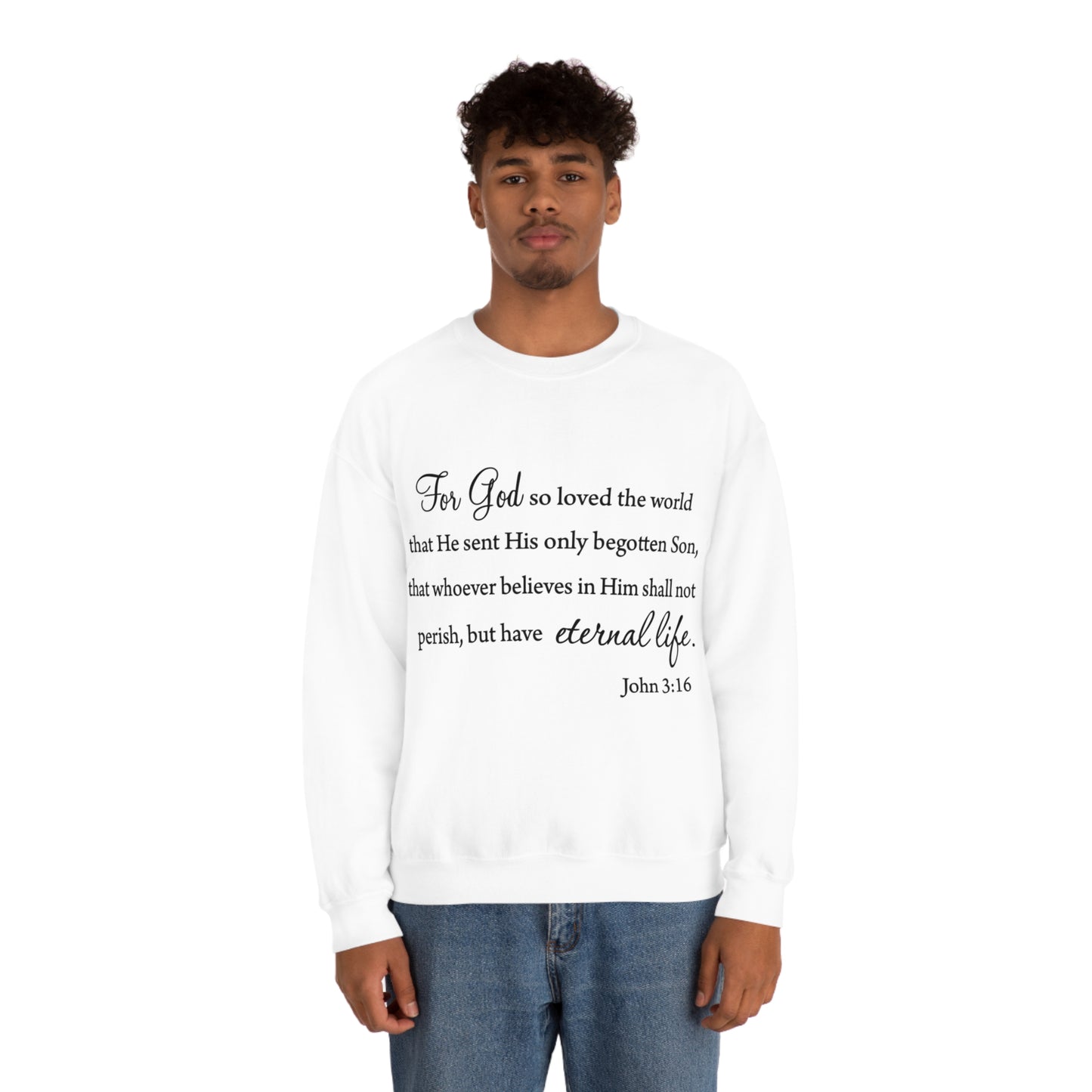 Bible Verse sweatshirt John 3:16 Unisex Heavy Blend Crewneck Sweatshirt minimalist style Plain white colored sweatshirt religous Christians.