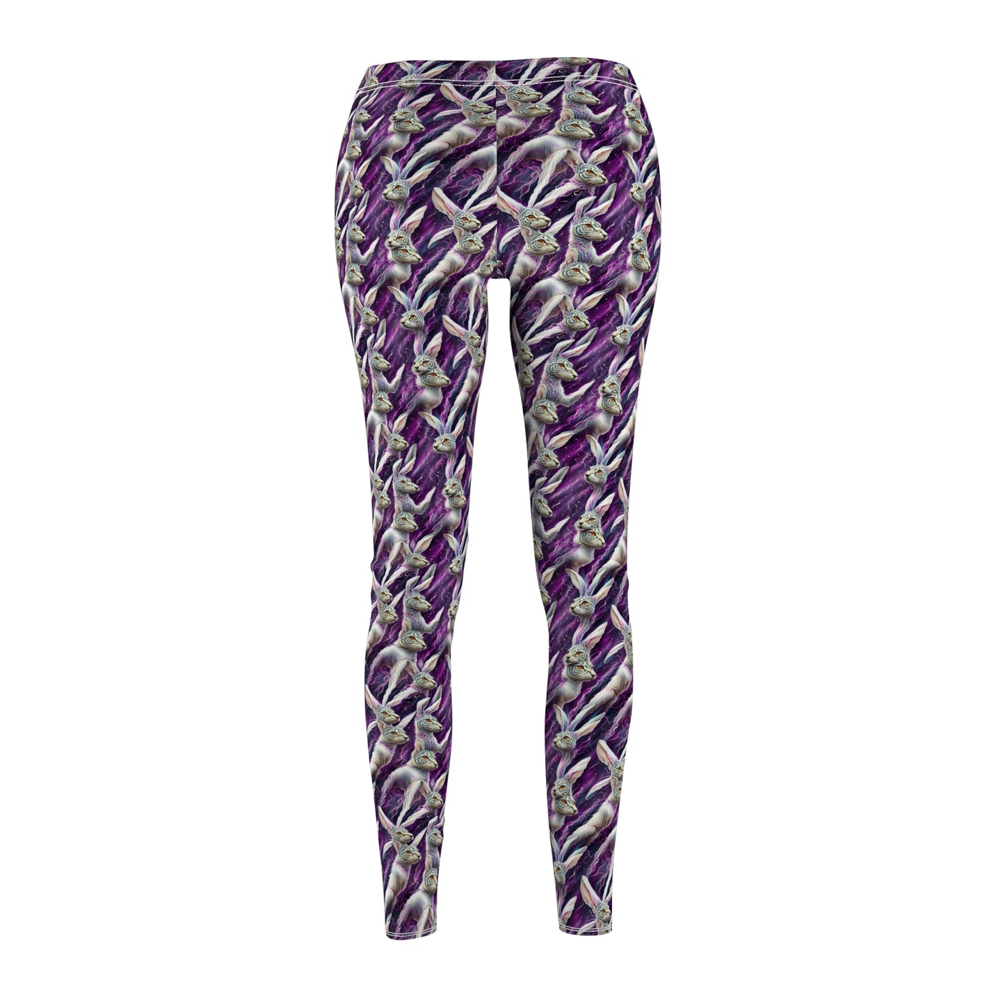 White hare Women's Casual Leggings in purple with white hare from alice in wonderland patter all over for those alice fans workout in style