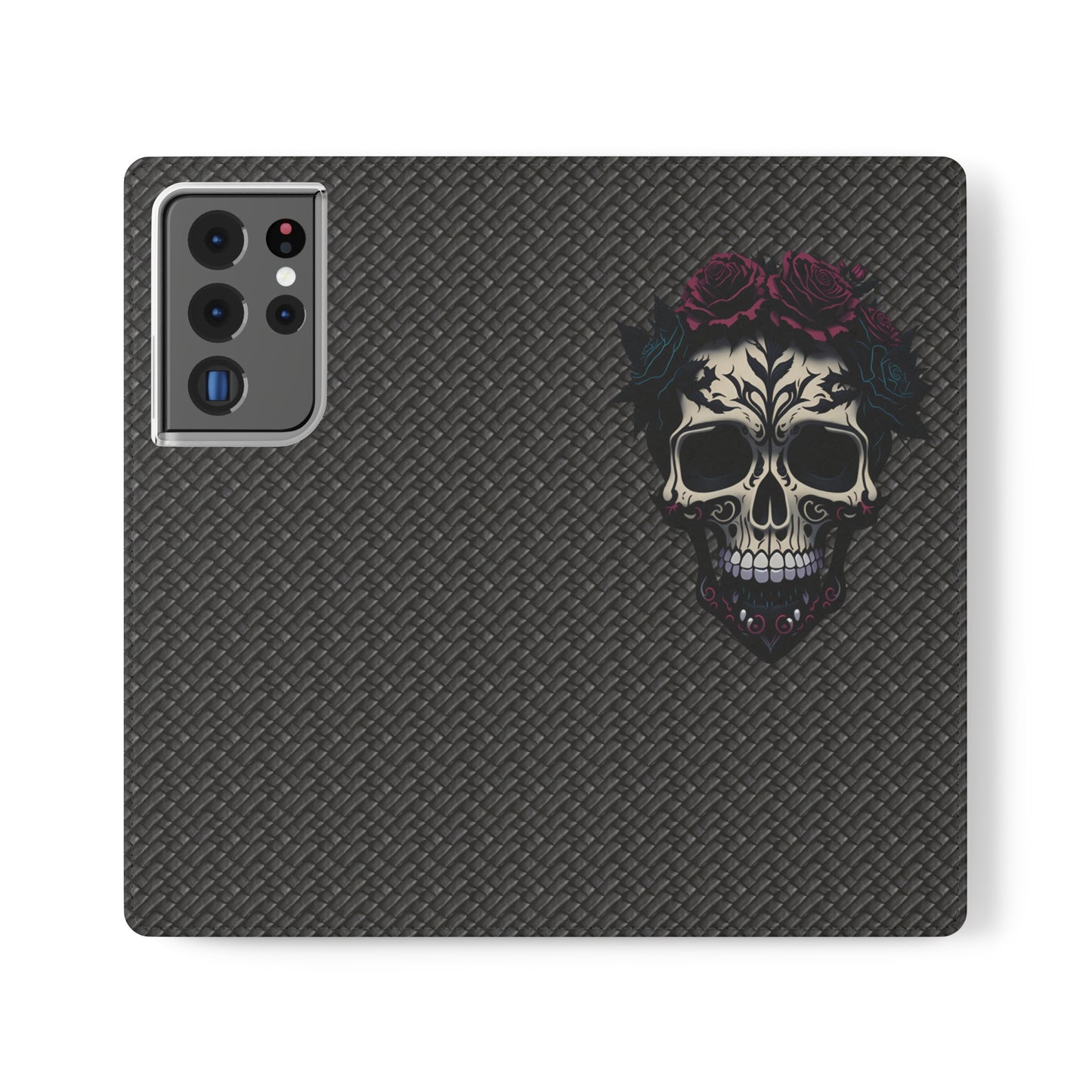 Sugar Skull Flip Case for iPhone and Samsung Galaxy Phones 11 12 13 mini pro max s22 s21 ultra plus made from vegan leather